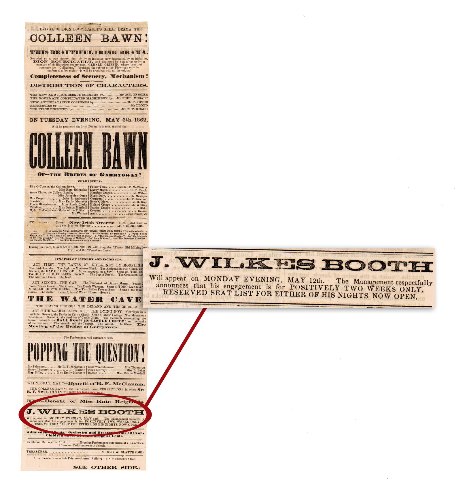 John Wilkes Booth Plays Boston, 1862: John Wilkes Booth[Boston, MA], May 12, 1862John Wilkes Booth Plays Boston, 1862PlaybillAn 1862 playbill advertising an evening performance by John Wilkes Booth. Oblong folio, 4.5" x 16" (double sided)