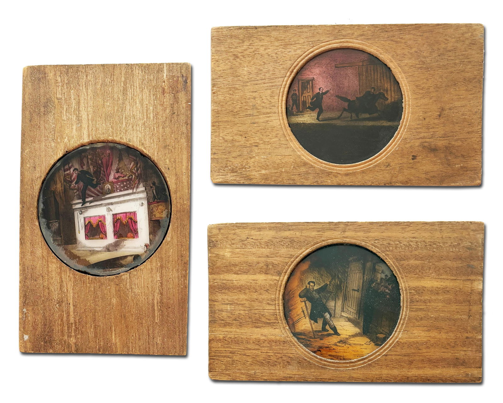 Lincoln Assassination: Group of (3) Rare Hand-Colored Magic Lantern Slides: John Wilkes Boothn.p., n.d.Lincoln Assassination: Group of (3) Rare Hand-Colored Magic Lantern SlidesSlidesJohn Wilkes Booth (1838-1865). A collection of three vibrantly hand-colored, beautifully deta