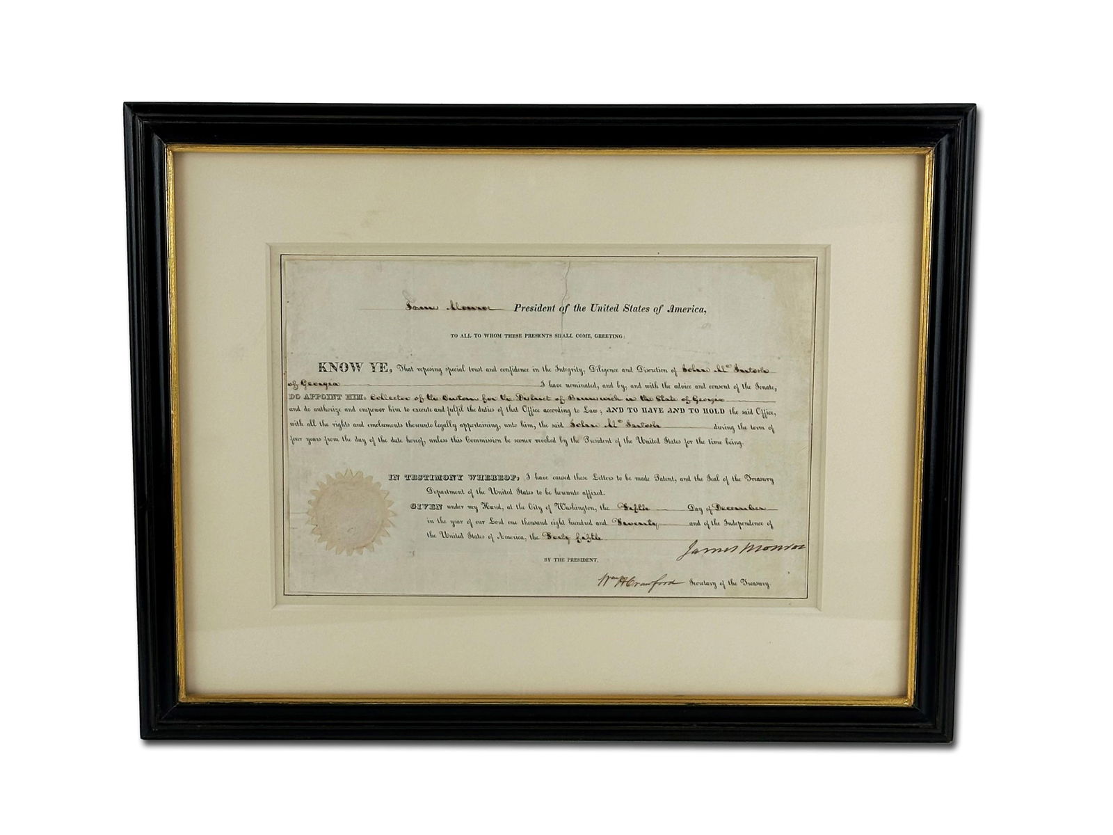 James Monroe Doc. Signed as Pres. Appointing Customs Collector, 1820 (1 of 3)