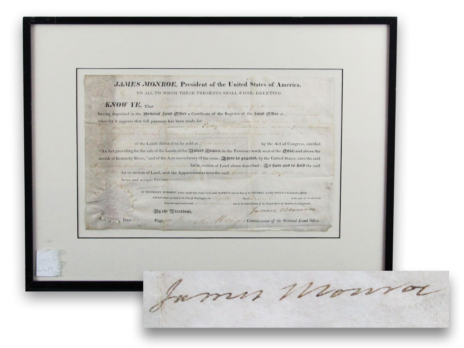 James Monroe DS For Land in Ohio: James MonroeWashington, DC, December 8, 1819James Monroe DS For Land in OhioPartially printed DSA partial-printed land grant signed in the lower right by the President as "James Monroe" and countersig