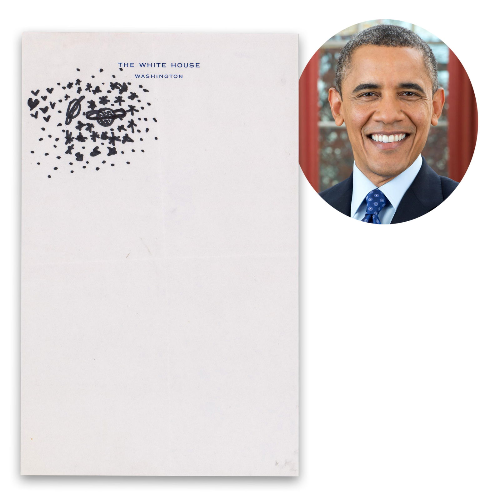Barack Obama Doodles on WH Stationery, Ex. Sam Sutton: Barack ObamaWashington, DC, n.d.Barack Obama Doodles on WH Stationery, Ex. Sam SuttonDrawingA delightful sketch by Barack Obama on White House letterhead showing a group of planets and stars. 1p, meas