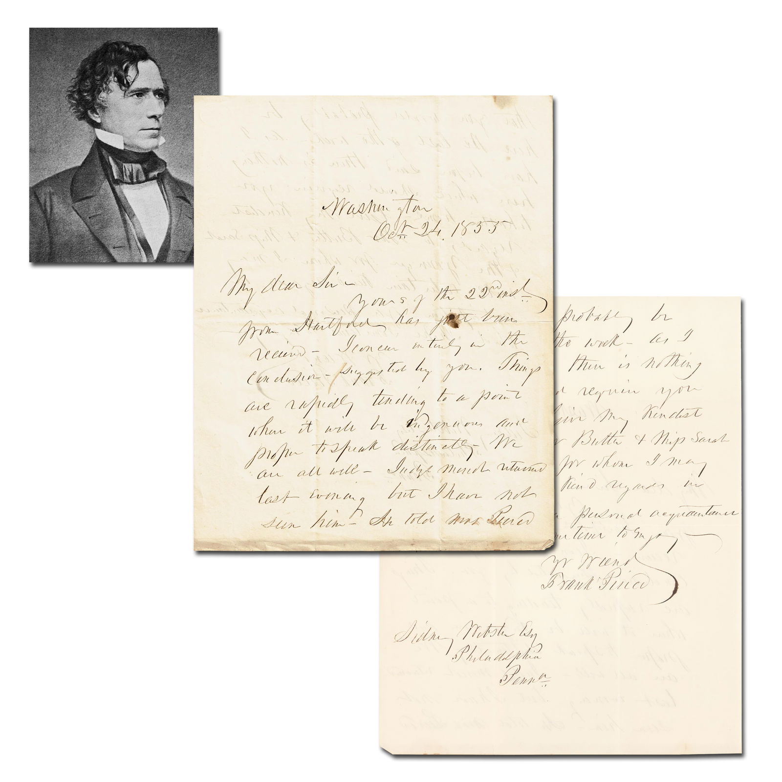 Franklin Pierce ALS as President to his Private White House Secretary: Franklin PierceWashington, DC, October 24, 1855Franklin Pierce ALS as President to his Private White House SecretaryALSFranklin Pierce (1804-1869). Autograph Letter Signed, "Frank Pierce," as presiden