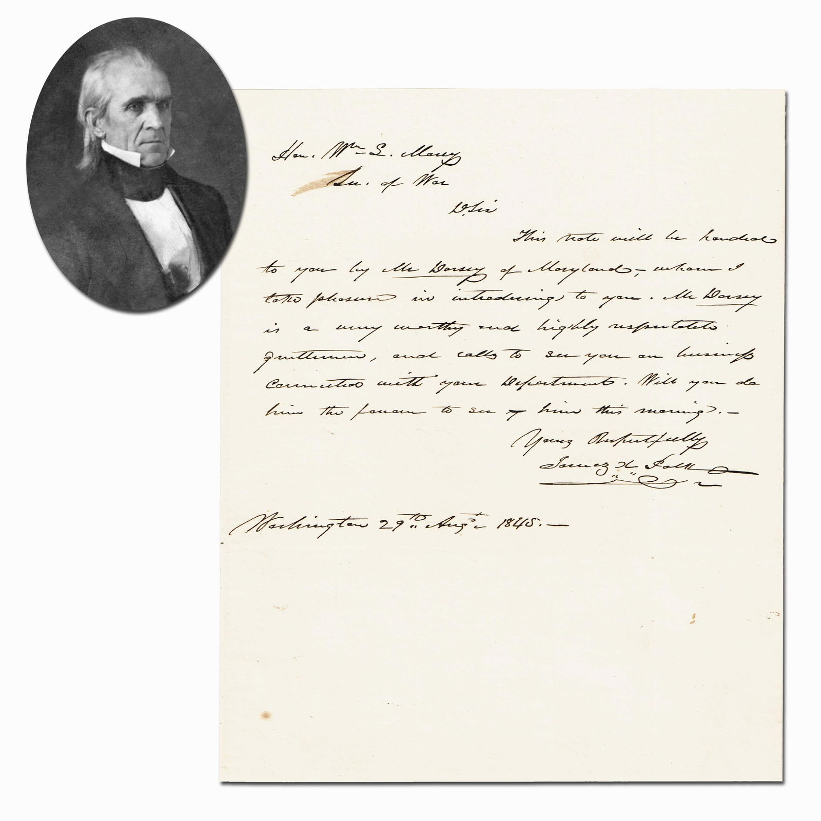 James K. Polk Scarce ALS as Pres. to His Sec. of War: James PolkWashington, DC, August 29, 1945James K. Polk Scarce ALS as Pres. to His Sec. of WarALSJames K. Polk (1795-1849). Autograph Letter Signed, "James K. Polk," with his elaborate paraph, 1p, 7.5"