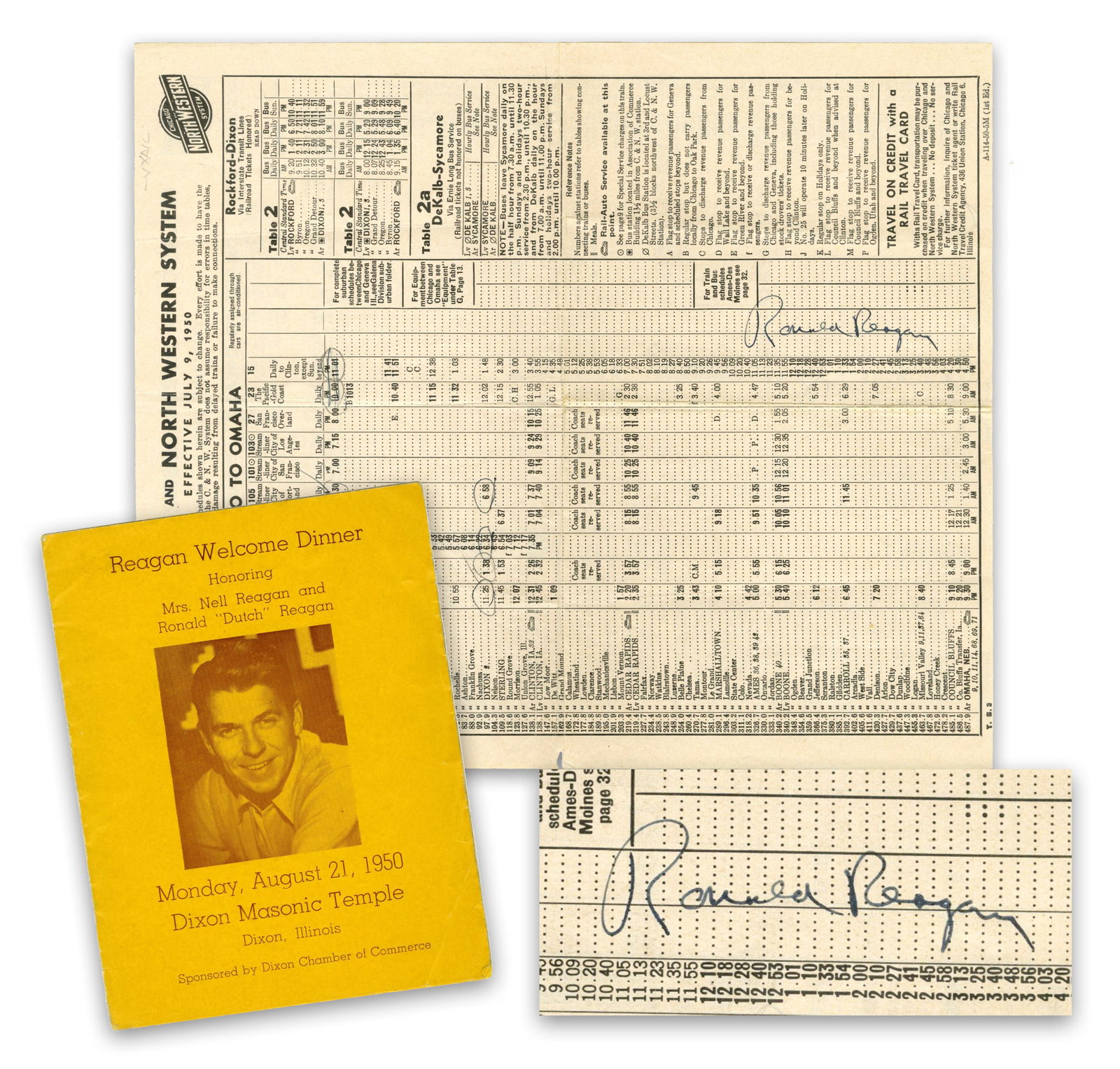 Ronald Reagan Signed Railroad Timetable w/ Original Provenance: Ronald Reagan[Dixon, IL], August 20, 1950Ronald Reagan Signed Railroad Timetable w/ Original ProvenanceSigned Menu/ProgramA printed timetable for the Chicago and North Western railroad system signed b