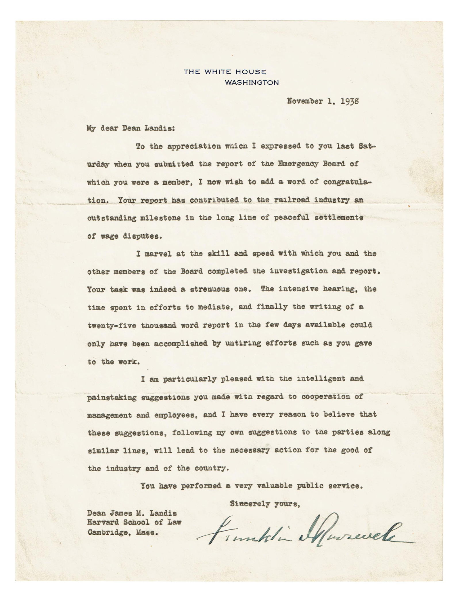 Franklin Roosevelt 1938 TLS as Pres. to Harvard Dean, Second New Deal (1 of 2)