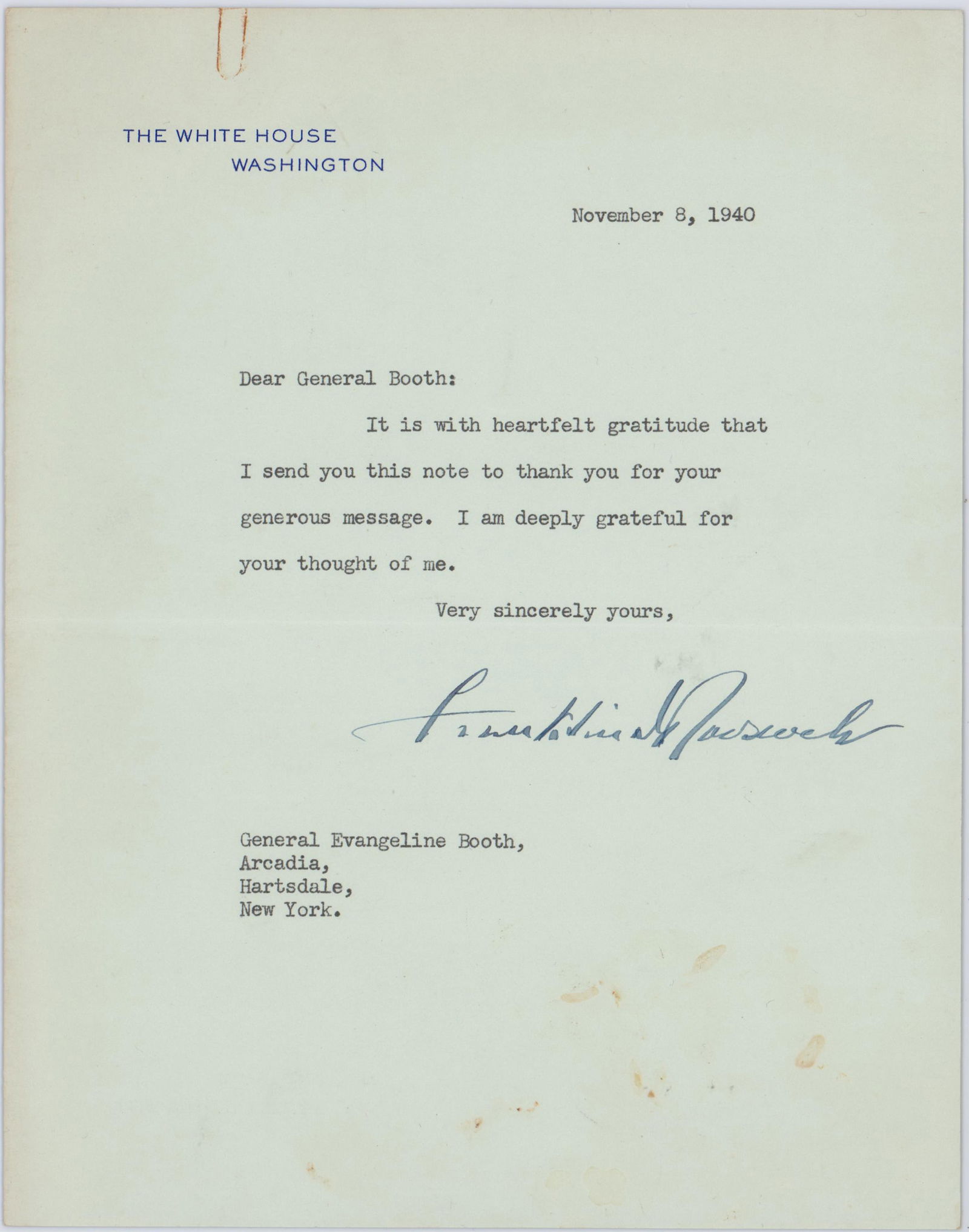 FDR Thanks a Well-Wisher Three Days After Winning an Unprecedented Third Term!: Franklin RooseveltWashington, DC, November 8, 1940FDR Thanks a Well-Wisher Three Days After Winning an Unprecedented Third Term!TLSRoosevelt writes to General Evangeline Booth, recently retired from s
