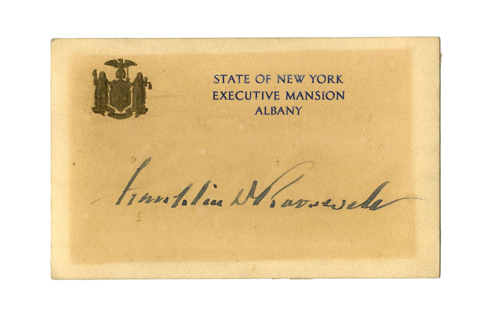 Franklin D. Roosevelt Signed NY Executive Mansion Card: Franklin RooseveltAlbany, NY, ca. 1930Franklin D. Roosevelt Signed NY Executive Mansion CardSigned cardA card from the Executive Mansion of New York, boldly signed in blue fountain pen as "Franklin D.
