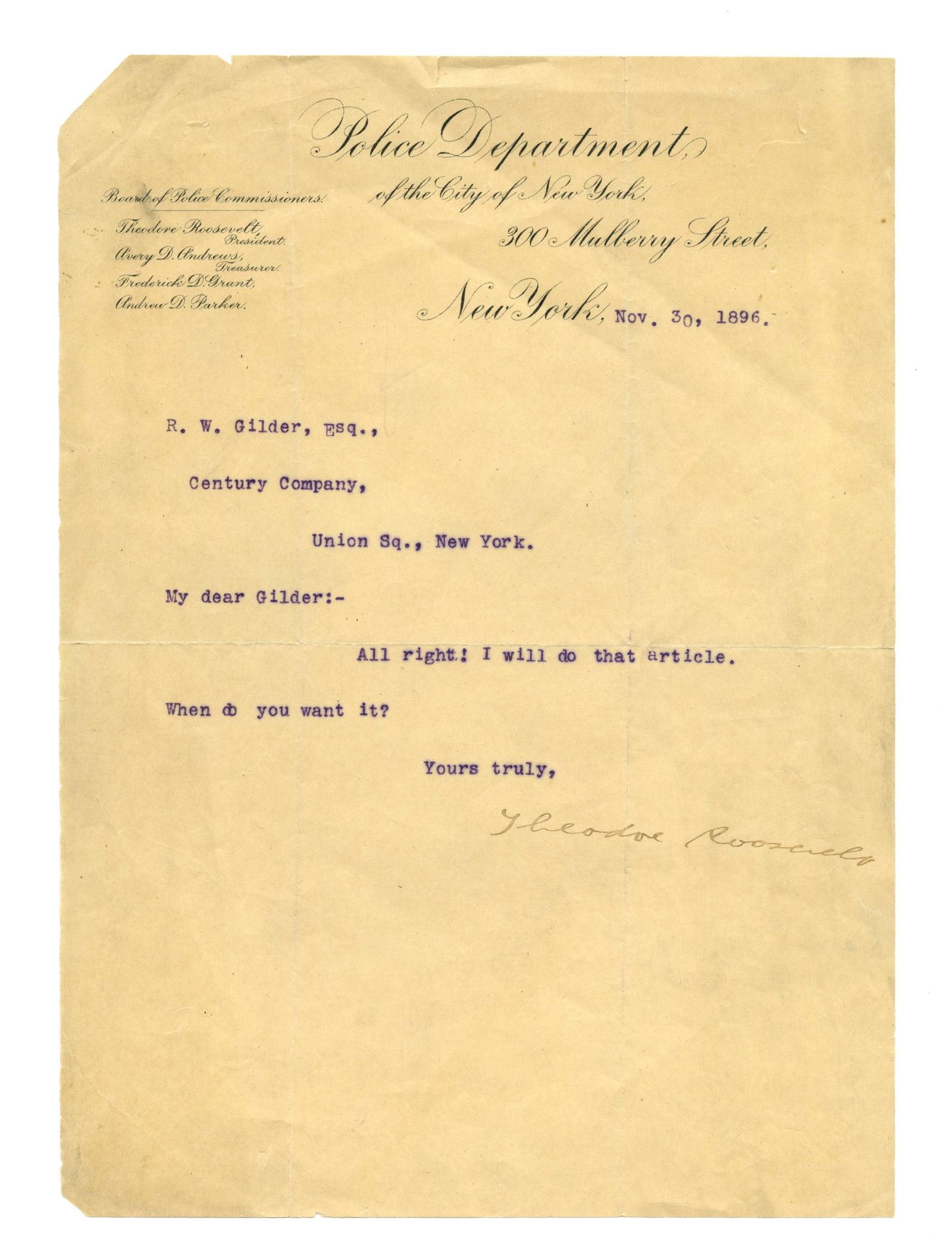 T. Roosevelt TLS as NY Head of Police Commissioners (1 of 2)