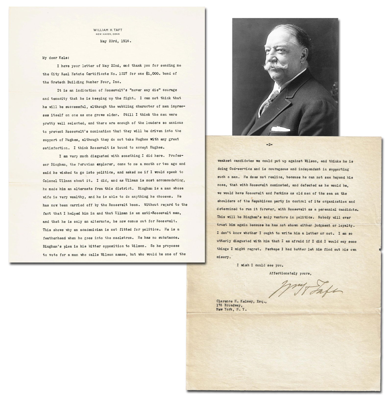 William Taft TLS to Yale Classmate: "Roosevelt's 'never say die' courage and tenacity" (1 of 4)