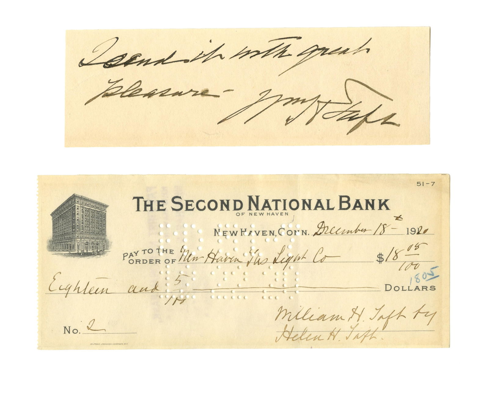 W. H. Taft Clip Signature, Plus Helen Taft Scarce Check Signed For Her Husband! (1 of 3)
