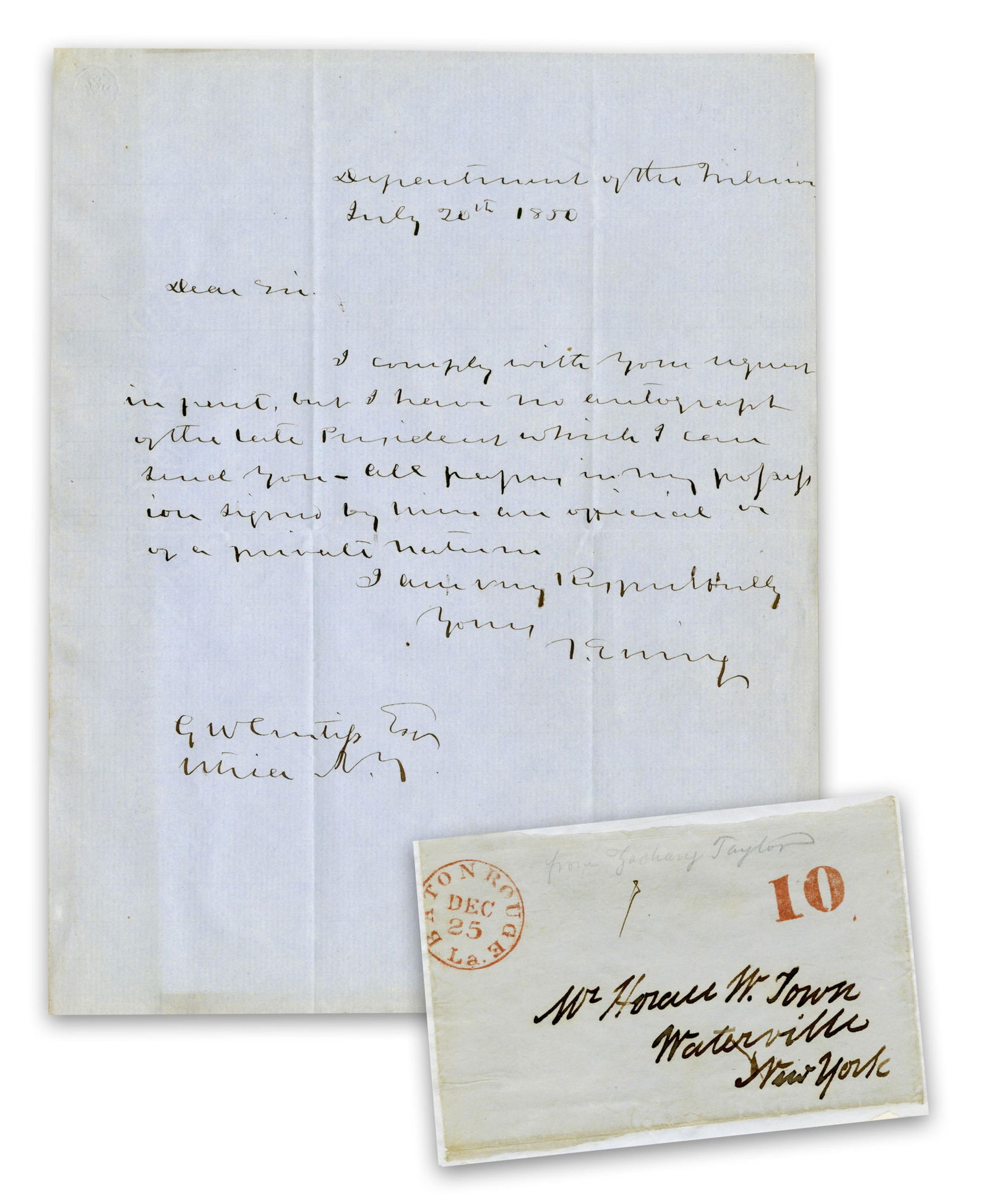 Zachary Taylor's Handwriting Forwarded by Sec. Thomas Ewing, 2 Weeks After His Death (1 of 4)