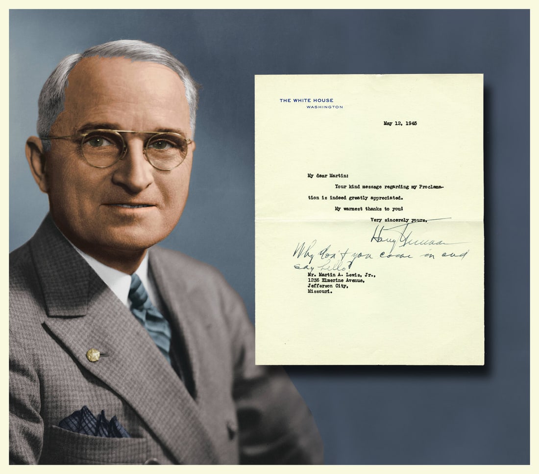 Harry S. Truman, "regarding my Proclamation," Which Announced Germany’s Surrender. A Historic: Harry TrumanWashington, DC, May 12, 1945Harry S. Truman, "regarding my Proclamation," Which Announced Germany’s Surrender. A Historic Letter!TLSHarry S. Truman (1884-1972). Typed Letter Signed,