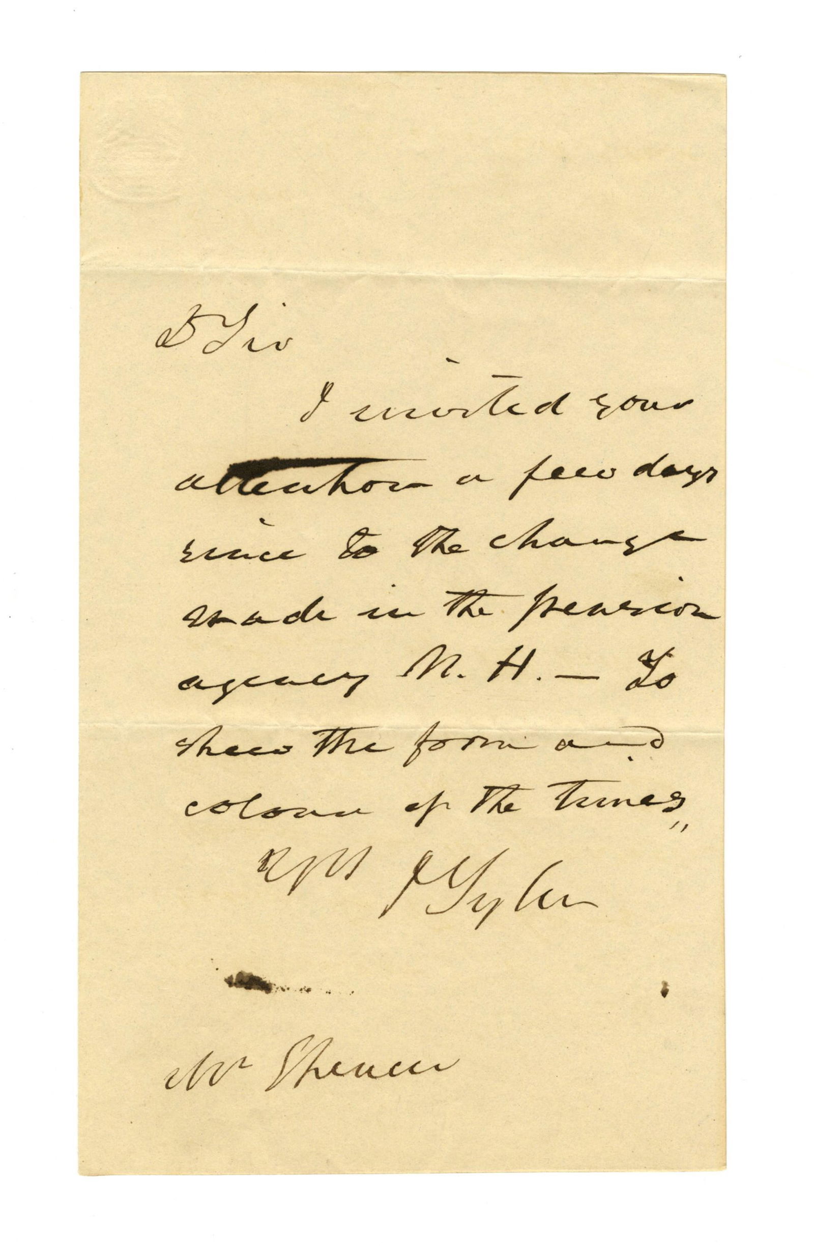 John Tyler ALS re: New Hampshire Pension Agency: John Tyler n.p., n.d. John Tyler ALS re: New Hampshire Pension Agency ALS A boldly penned autograph letter from 10th U.S. President John Tyler, signed at conclusion as "J. Tyler". 1p, measuring