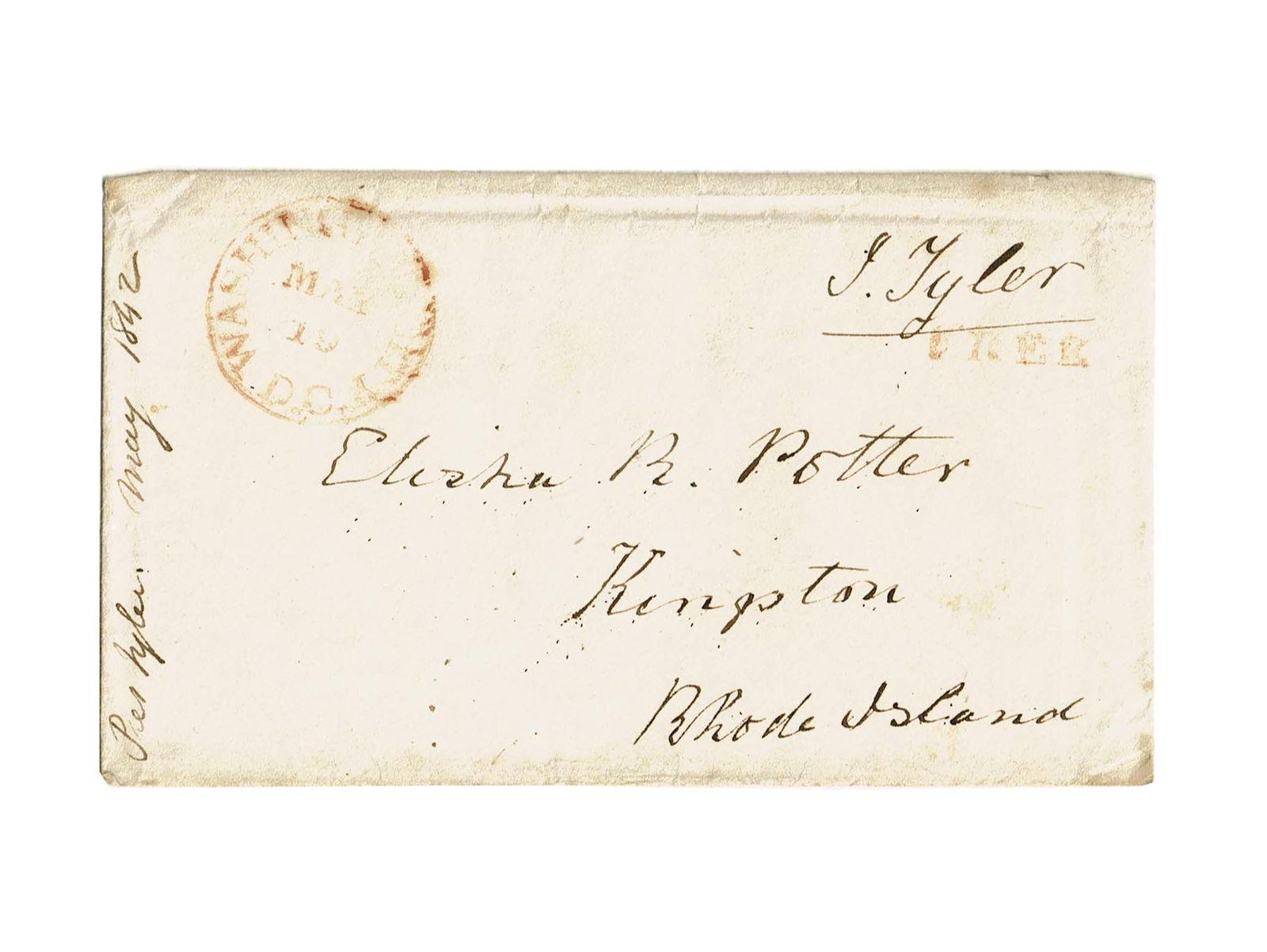 John Tyler Free Frank Signature as President: John Tyler Washington, DC, May 19, [1842] John Tyler Free Frank Signature as President Free Frank John Tyler (1790-1862). Free Frank Signature, "J. Tyler," on a 5.75" x 3.25" envelope addressed