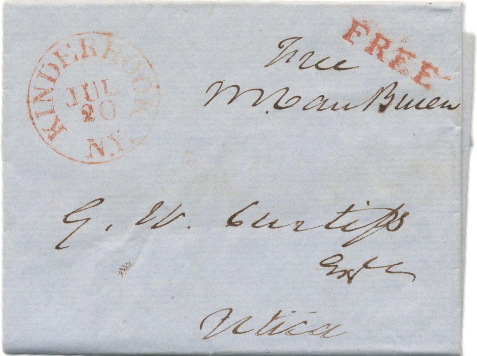Pristine Martin Van Buren Free Frank: Martin Van Buren Kinderhook, NY, July 20, [1849] Pristine Martin Van Buren Free Frank Free Frank Martin Van Buren (1782-1862). Excellently preserved free frank signed "M. Van Buren", 4.25" x 3.25"