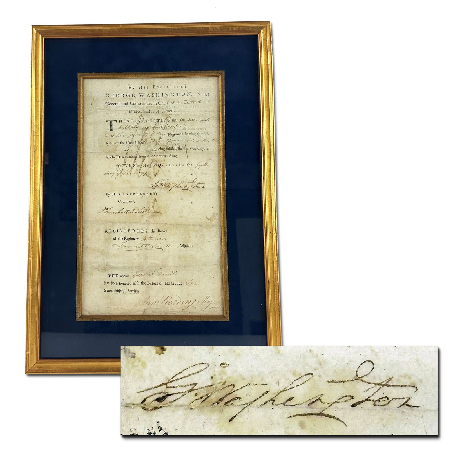 George Washington Signed Revolutionary War Discharge with Badge of Merit to a NJ Corporal for "Six: George Washington Washington, DC, June 5, 1783 George Washington Signed Revolutionary War Discharge with Badge of Merit to a NJ Corporal for "Six Years faithful Service" PPDS George Washington