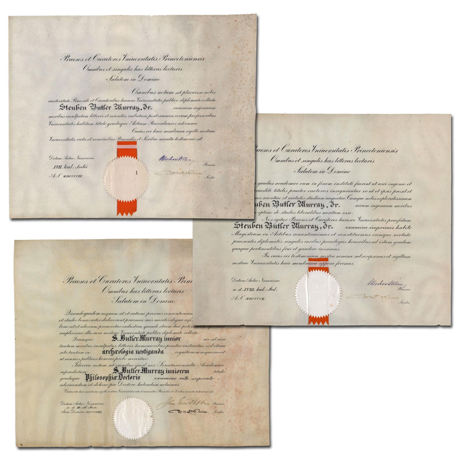 Woodrow Wilson Signed Pair of Princeton University Diplomas, Plus One Later Degree: Woodrow Wilson Princeton, NJ, ca. 1909-1912 Woodrow Wilson Signed Pair of Princeton University Diplomas, Plus One Later Degree Partially Printed DS Woodrow Wilson (1856-1924). A group of three