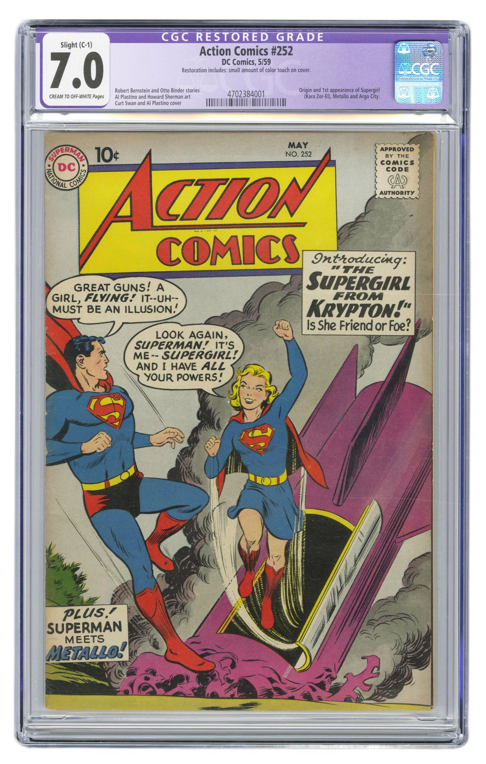 Action Comics No. 252, CGC 7 Restored Grade: Action Comics n.p., 1959 Action Comics No. 252, CGC 7 Restored Grade Magazine/Comic Original issue of DC's Action Comics No. 252 with a CGC Restored Grade of 7. Nice copy from a single collection of