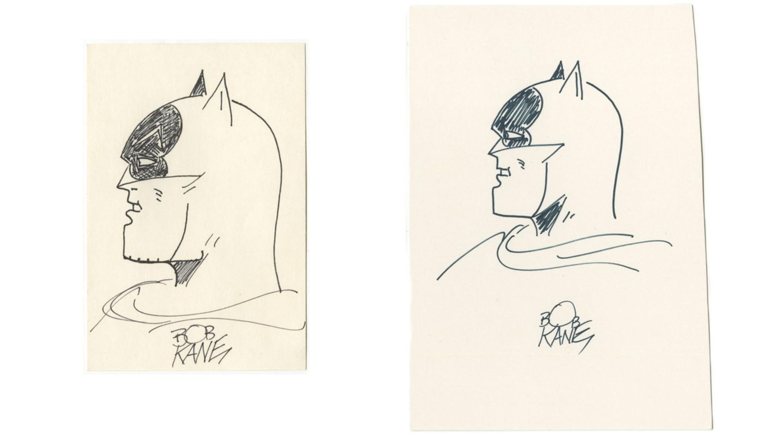 (2) Bob Kane Original Signed Batman Sketches: Batman n.p., n.d. (2) Bob Kane Original Signed Batman Sketches Signed art Bob Kane (1915-1998). Pair of original signed sketches of Batman in profile by comic book writer, animator, artist and
