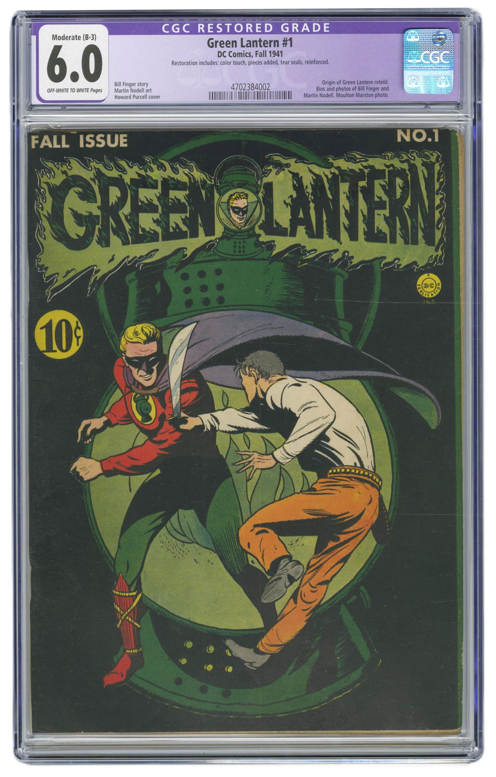Green Lantern No. 1, CGC 6 Restored Grade: Green Lantern n.p., ca. 1941 Green Lantern No. 1, CGC 6 Restored Grade Magazine/Comic DC Golden Age issue of Green Lantern No. 1 with a Restored Grade of 6 by CGC. Nice copy from a single collection