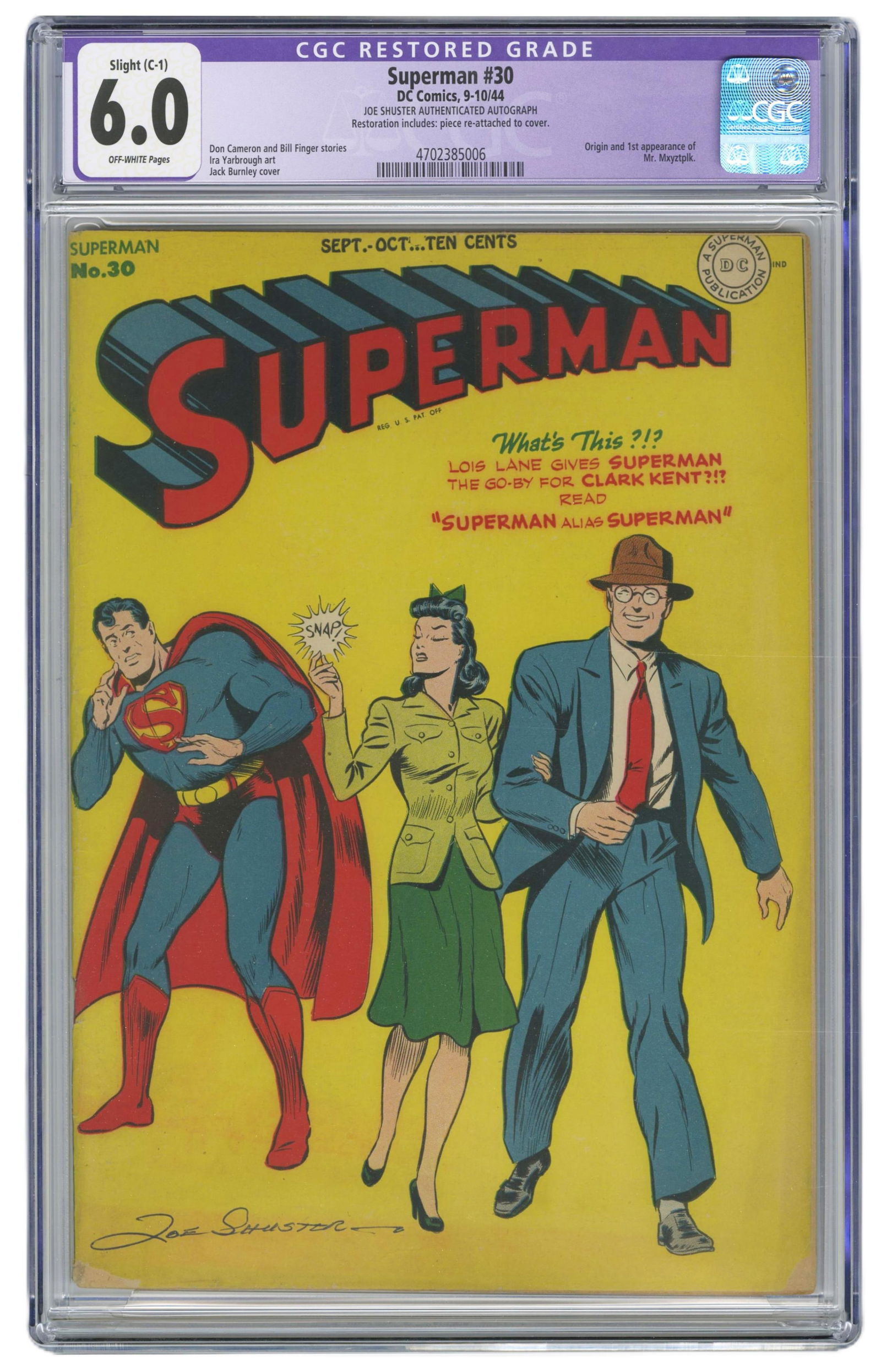 Superman No. 30, CGC 6.0 Restored Grade: Superman n.p., ca. 1944 Superman No. 30, CGC 6.0 Restored Grade Magazine/Comic DC Golden Age issue of Superman No. 30 graded 6.0 restored grade by CGC. Nice copy from a single collection of Golden
