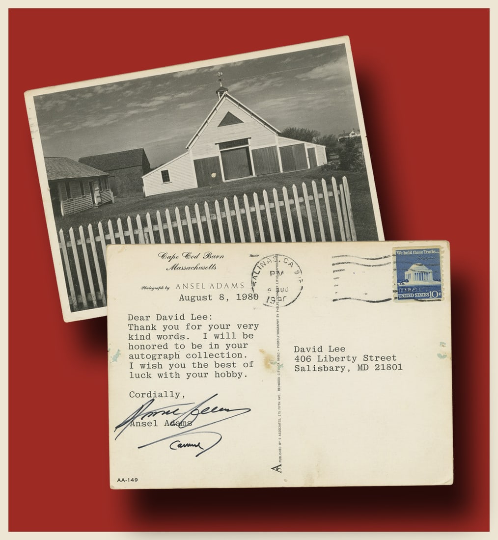 Ansel Adams Signed on Verso of His 1937 Image of "Cape Cod Barn": Ansel Adams Carmel-by-the-Sea, CA, August 8, 1980 Ansel Adams Signed on Verso of His 1937 Image of "Cape Cod Barn" TLS Typed Letter Signed “Ansel Adams / Carmel” on verso of postcard