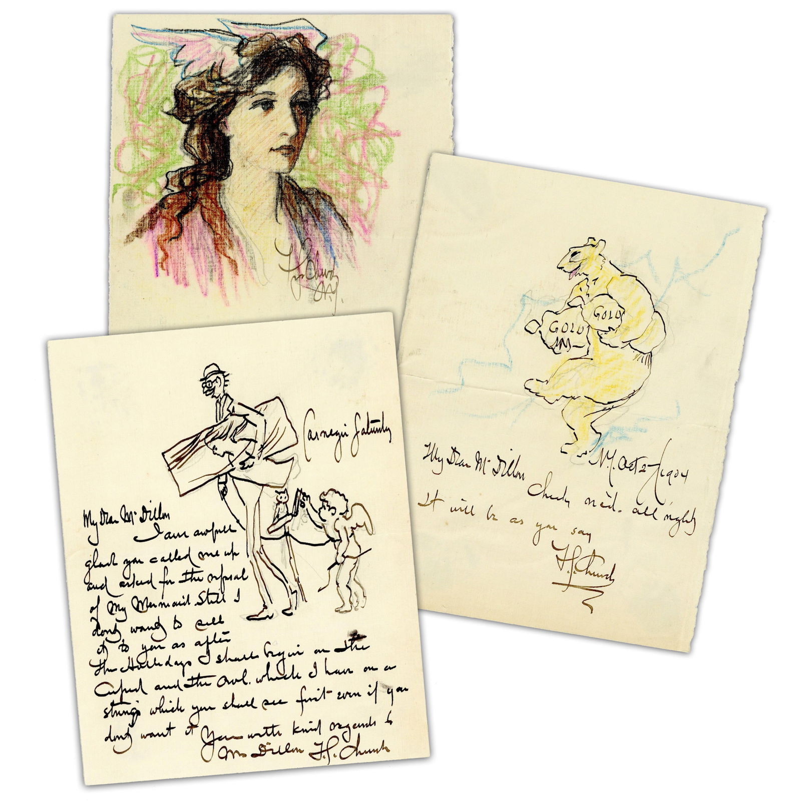(3) Frederick Stuart Church Signed Original Drawings - Exquisite!: Frederick Stuart Church various, various including October 27, 1904 (3) Frederick Stuart Church Signed Original Drawings - Exquisite! Original signed drawings, two with ALSs A small but exquisite