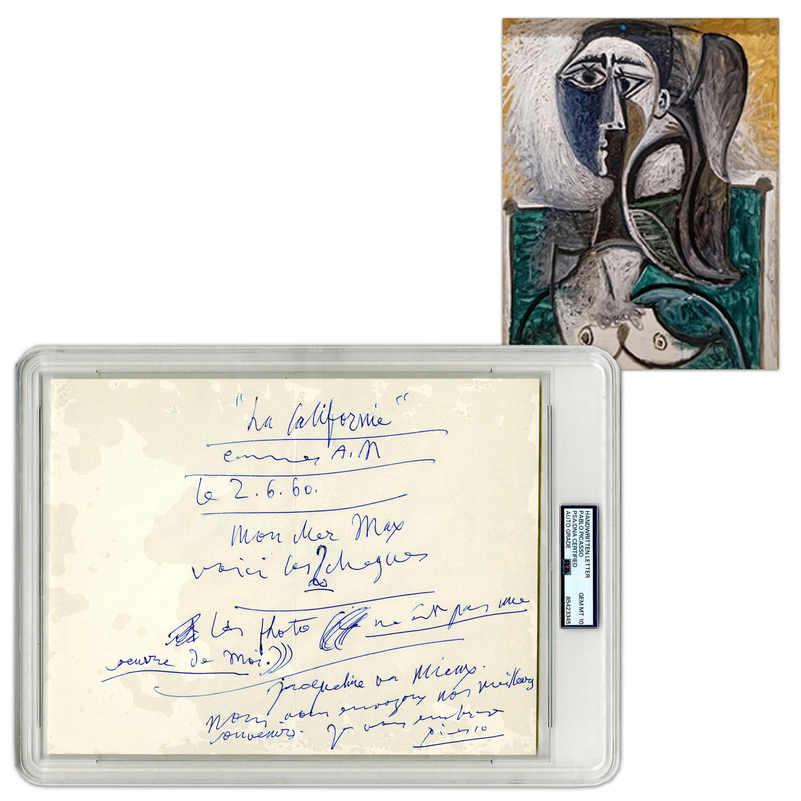 Pablo Picasso PSA GEM MT 10 Rare ALS Disputing an Artwork is His & Mentioning Jacqueline, Model of: Pablo PicassoCannes, France, June 2, 1960Pablo Picasso PSA GEM MT 10 Rare ALS Disputing an Artwork is His & Mentioning Jacqueline, Model of "Bust of a Seated Woman"ALSA 1p autograph letter in French s