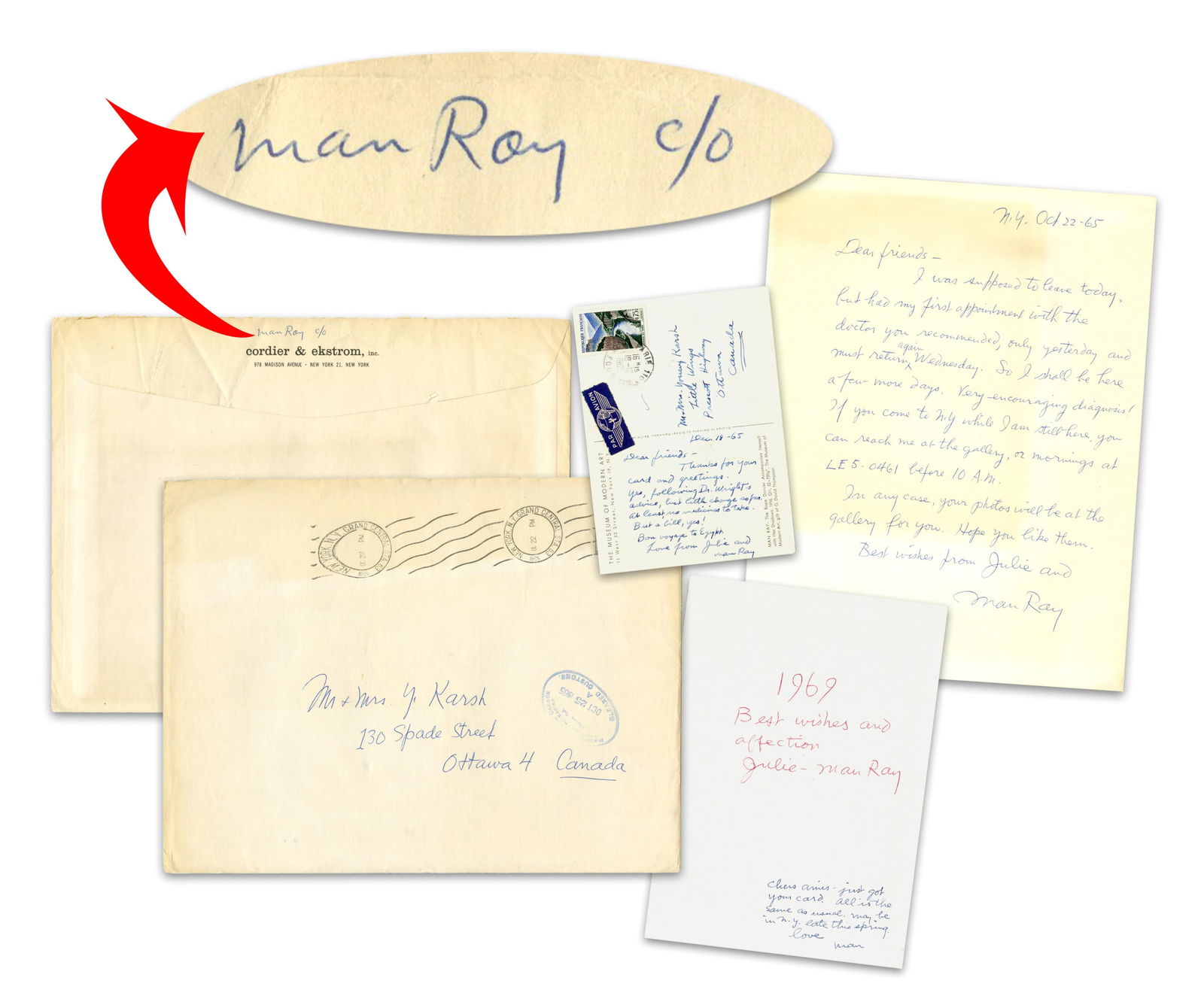 Man Ray (3) ALS to Photographer Yousuf Karsh, Ex. Karsh Estate: Man RayNew York & Paris, ca. 1965, 1969Man Ray (3) ALS to Photographer Yousuf Karsh, Ex. Karsh EstateArchiveAn archive of correspondence from American artist Man Ray (1890-1976) to his longtime friend