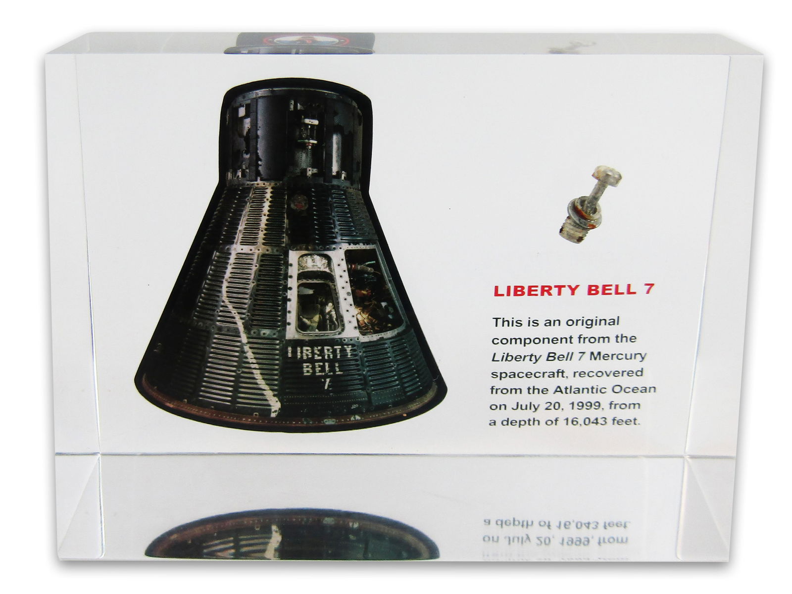 [Liberty Bell 7] Mercury-Redstone 4 Flown Component from the Recovered Spacecraft: Liberty Bell 7n.p., ca. 1999[Liberty Bell 7] Mercury-Redstone 4 Flown Component from the Recovered SpacecraftRelicAn original component from the Liberty Bell 7 Mercury spacecraft, recovered from the A