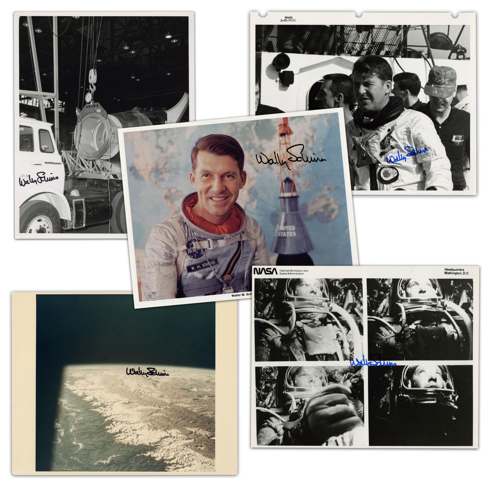 Wally Schirra (5) Signed Photos, Nice Variety of NASA, Black Number & Collectibles - Pre-Cert: Walter Schirran.p., n.d.Wally Schirra (5) Signed Photos, Nice Variety of NASA, Black Number & Collectibles - Pre-Cert ZarelliSPsA dealer's lot of photographs, all signed by American astronaut Walter M