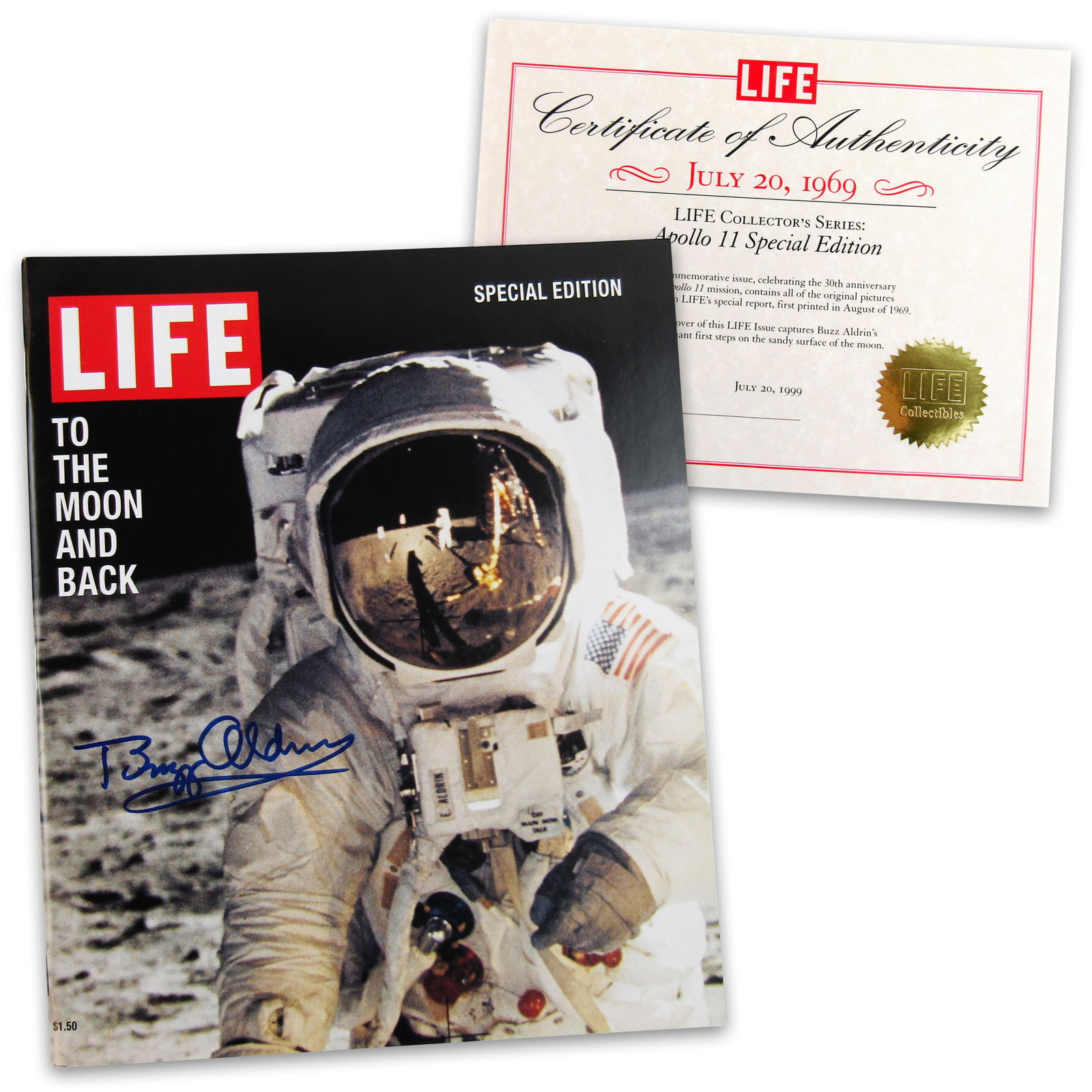 Buzz Aldrin Signed LIFE Special Edition Magazine w/ Cert! Pre-Cert Zarelli: Apollo 11n.p., ca. 1999Buzz Aldrin Signed LIFE Special Edition Magazine w/ Cert! Pre-Cert ZarelliSigned Magazine/Comic30th anniversary reissue of LIFE magazine's special report on Apollo 11 entitled "