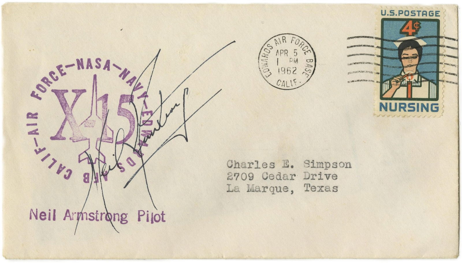 Neil Armstrong Signed First Day Cover: Neil ArmstrongEdwards Airforce Base, CA, April 5, 1962Neil Armstrong Signed First Day CoverSigned First Day CoverNeil Armstrong (1930-2012). First day cover commemorating the X-15 and Pilot Neil Armst