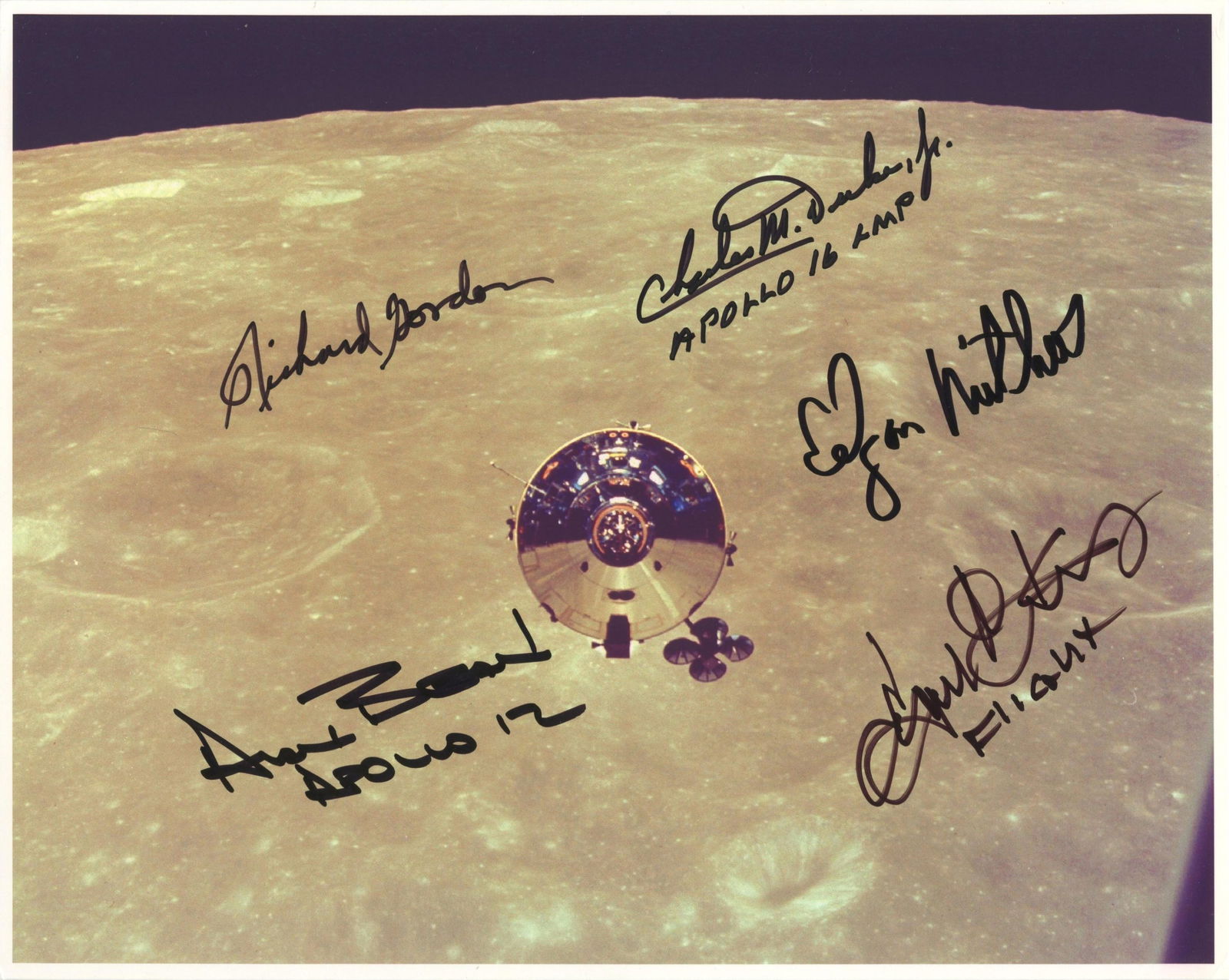 Apollo Astronauts Signed Photograph Allan Bean, Richard Gordon, Edgar Mitchell & More on Fantastic: Apollo 12 & 16 n.p., n.d. Apollo Astronauts Signed Photograph Allan Bean, Richard Gordon, Edgar Mitchell & More on Fantastic Photo! Signed photograph A high-gloss color photograph of the Apollo