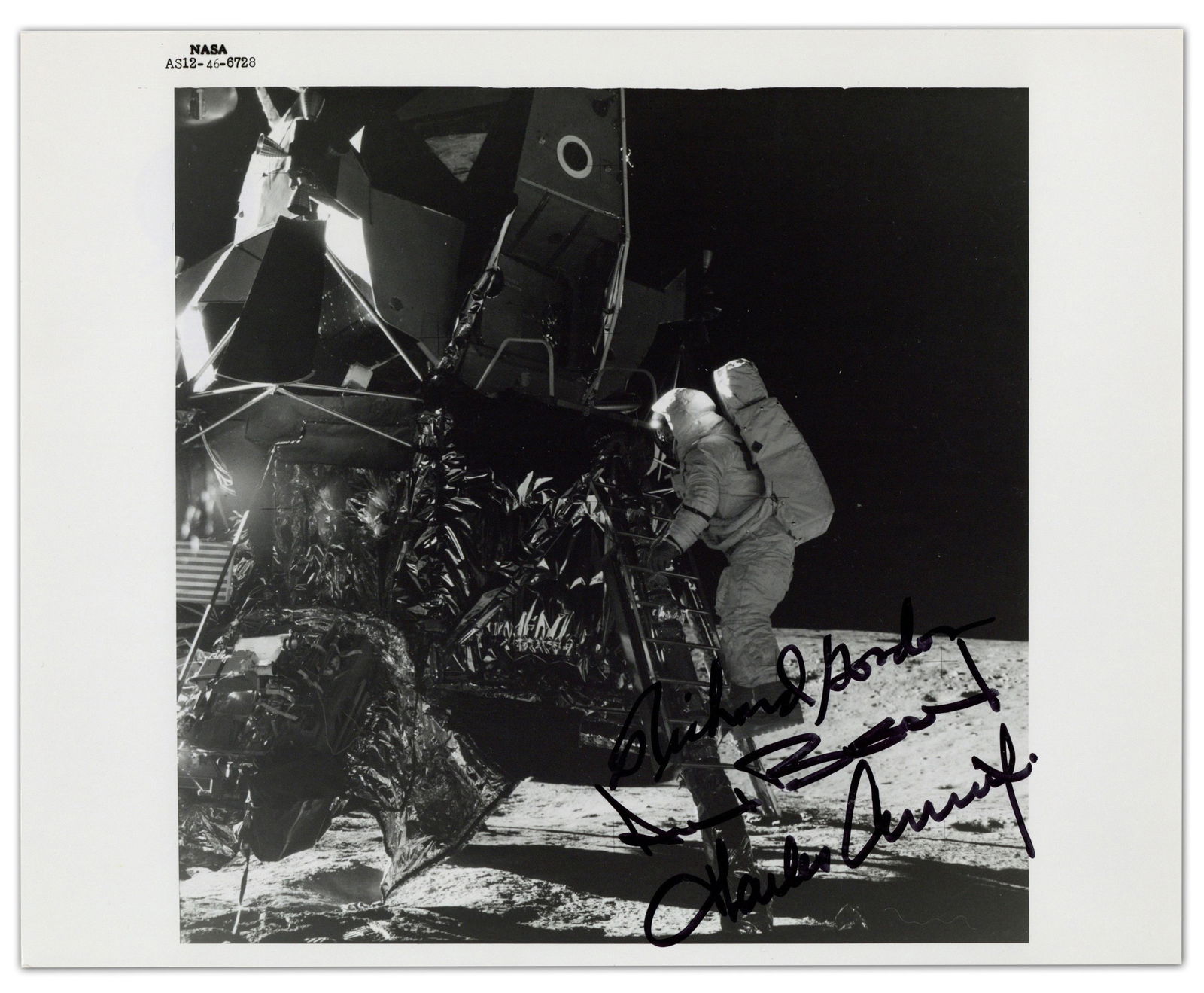 Apollo 12 Full Crew Signed Black Number Photo, Pre-Cert Zarelli: Apollo 12 n.p., n.d. Apollo 12 Full Crew Signed Black Number Photo, Pre-Cert Zarelli SP An official Black Number NASA AS12-46-6728 photograph showing a key moment of the Apollo 12 mission, signed by