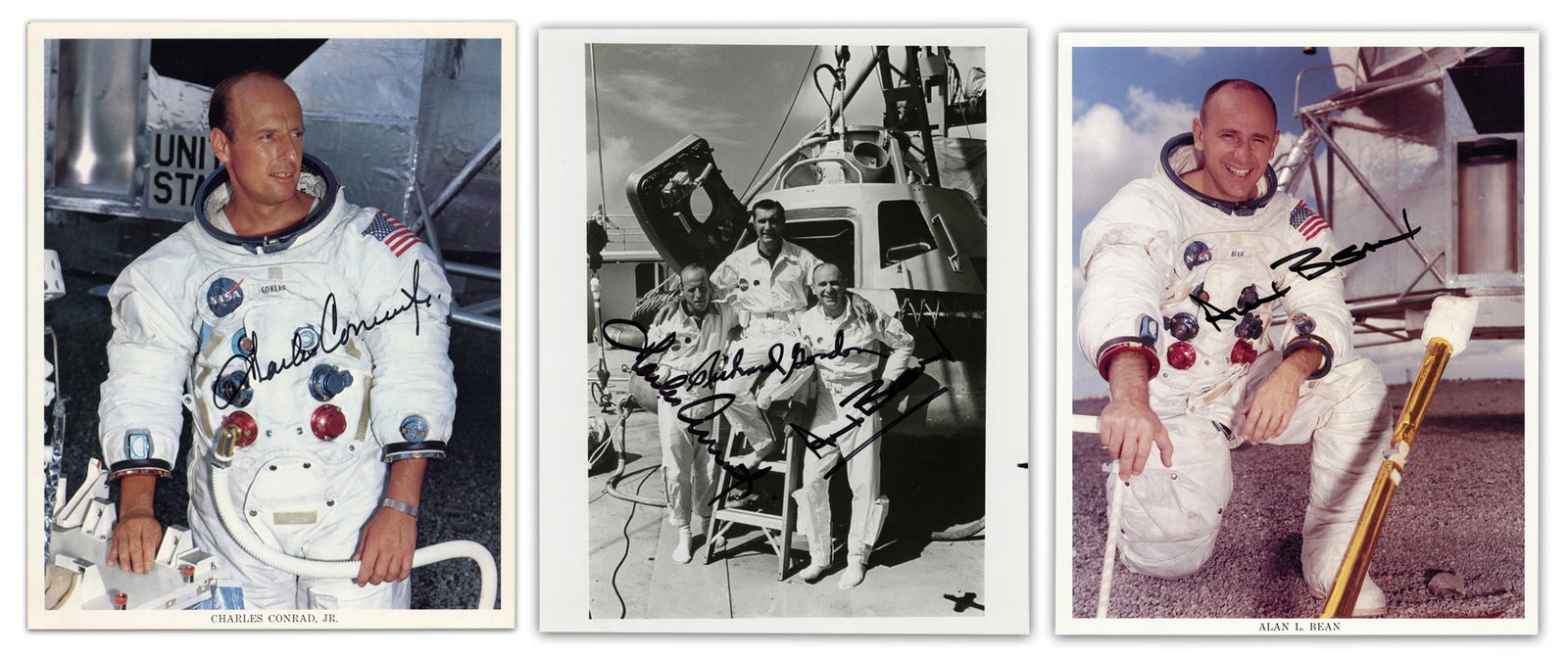 All 3 Apollo 12 Crewmembers! (3) Signed Photos, 5 Sigs Total - Charles Conrad, Richard Gordon, Alan: Apollo 12 n.p., n.d. All 3 Apollo 12 Crewmembers! (3) Signed Photos, 5 Sigs Total - Charles Conrad, Richard Gordon, Alan Bean - Pre-Cert Zarelli SPs A group of photographs signed by all three Apollo