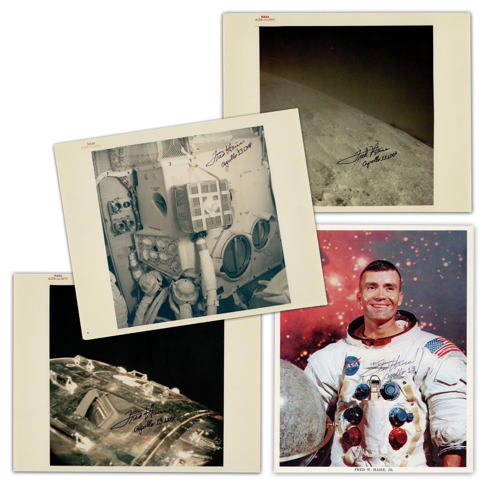 Fred Haise Apollo 13 (4) Signed Photos Incl. Red Number "Mailbox"! Pre-Cert Zarelli: Fred Haise n.p., n.d. Fred Haise Apollo 13 (4) Signed Photos Incl. Red Number "Mailbox"! Pre-Cert Zarelli SPs A group of photographs, all signed by American astronaut Fred W. Haise, Jr. (born 1933),