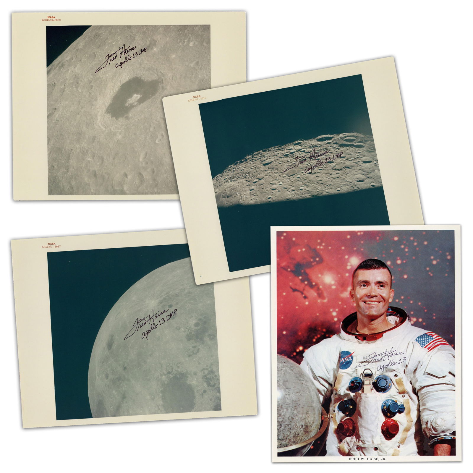 Fred Haise Apollo 13 (4) Signed Photos Incl. Red Numbers, Pre-Cert Zarelli: Fred Haise n.p., n.d. Fred Haise Apollo 13 (4) Signed Photos Incl. Red Numbers, Pre-Cert Zarelli SPs A group of photographs, all signed by American astronaut Fred W. Haise, Jr. (born 1933),