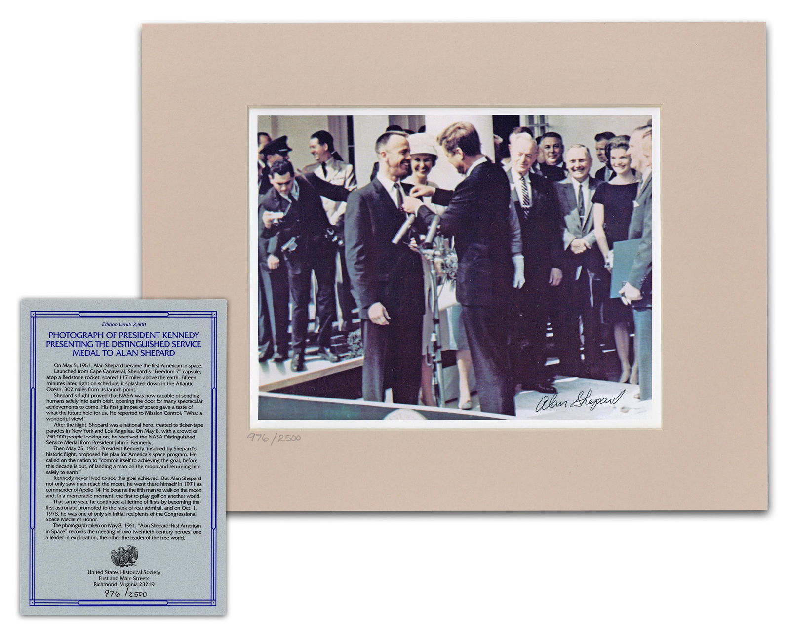 Alan Shepard Ltd. Ed. Signed Photo of Kennedy Presenting Him With NASA Distinguished Service Medal,: Alan Shepard Washington, DC, May 8, 1961 Alan Shepard Ltd. Ed. Signed Photo of Kennedy Presenting Him With NASA Distinguished Service Medal, Pre-Cert Zarelli SP A limited edition matted photographic