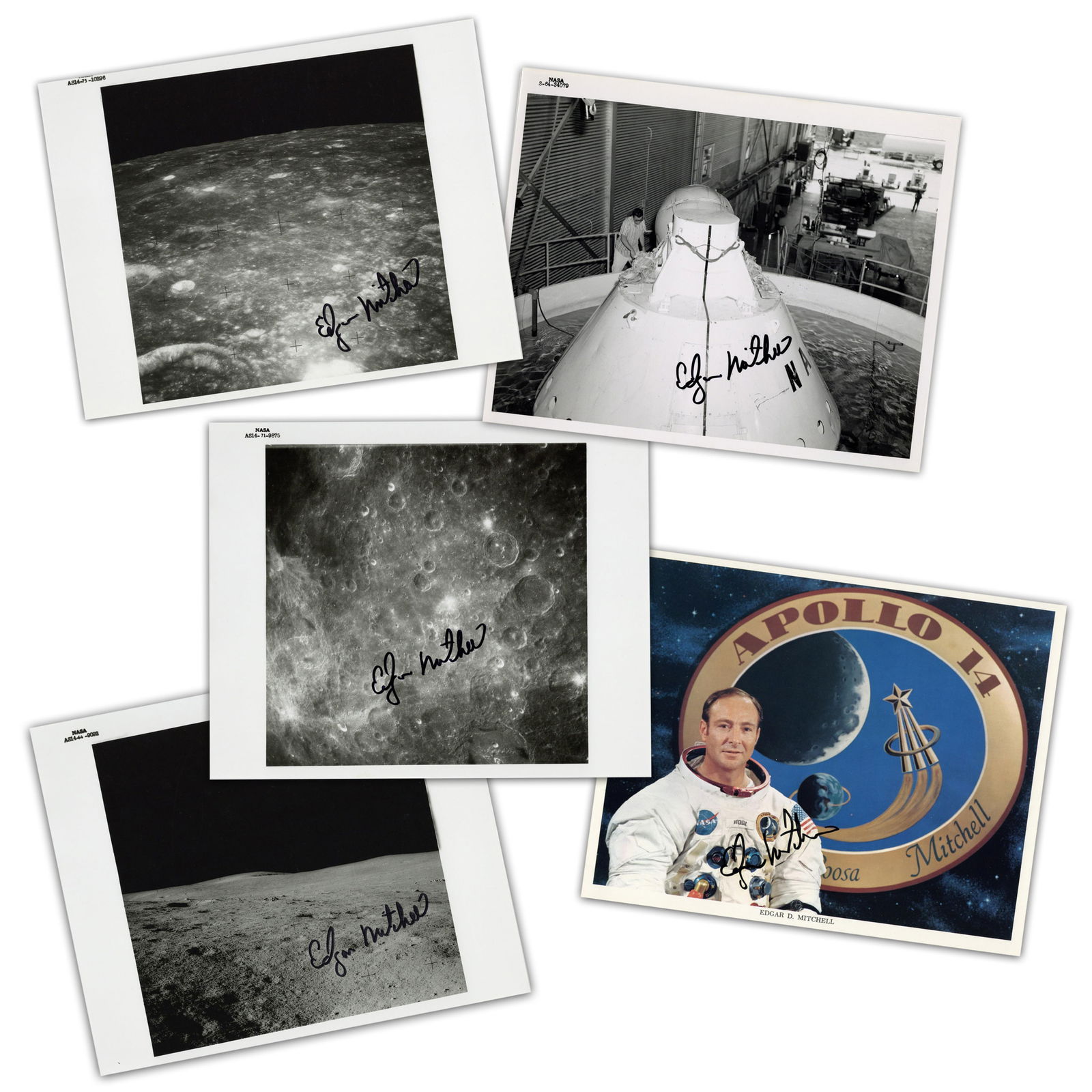Edgar Mitchell (5) Signed Photos Incl. Official NASA Apollo 14 Crew Portrait & Black Numbers,: Edgar Mitchell n.p., n.d. Edgar Mitchell (5) Signed Photos Incl. Official NASA Apollo 14 Crew Portrait & Black Numbers, Pre-Cert Zarelli SPs A dealer's lot of photographs, all signed by American