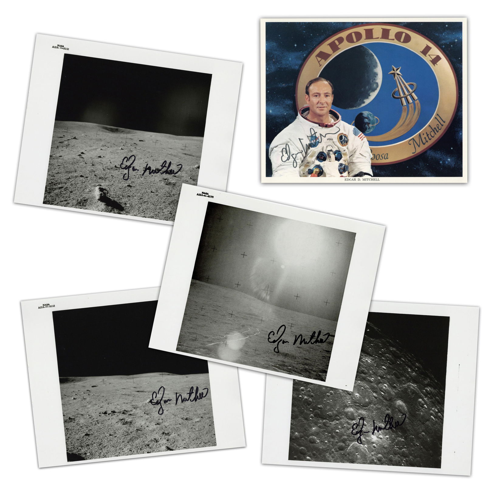 Edgar Mitchell (5) Signed Photos Incl. Official NASA Apollo 14 Crew Portrait & Black Number Moon: Edgar Mitchell n.p., n.d. Edgar Mitchell (5) Signed Photos Incl. Official NASA Apollo 14 Crew Portrait & Black Number Moon Views, Pre-Cert Zarelli SPs A dealer's lot of photographs, all signed by