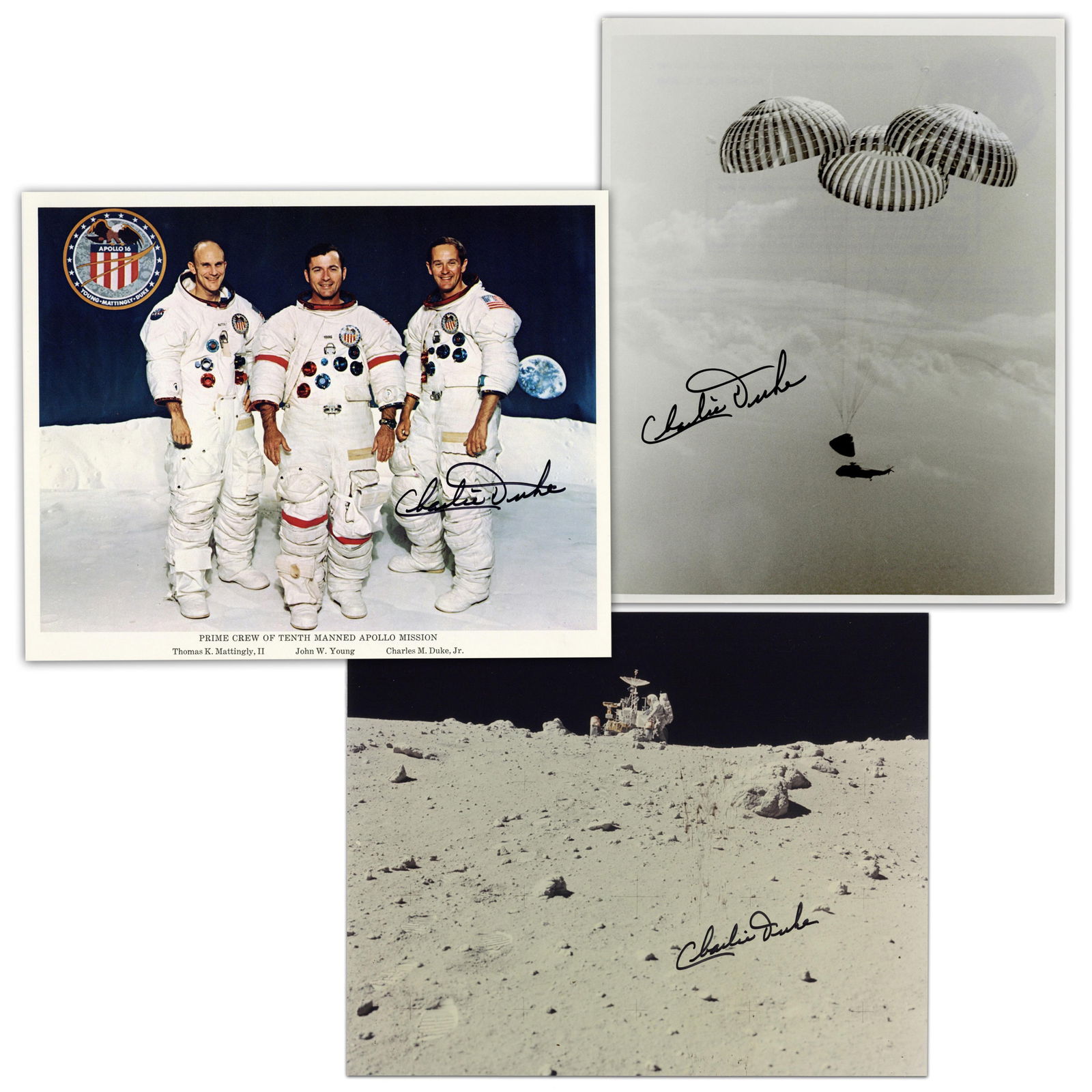 Charlie Duke (3) Signed Photos Incl. NASA Apollo 16 Prime Crew Portrait, Pre-Cert Zarelli: Charlie Duke Apollo 16 n.p., n.d. Charlie Duke (3) Signed Photos Incl. NASA Apollo 16 Prime Crew Portrait, Pre-Cert Zarelli SPs A group of photographs, all signed by American astronaut Charlie M.