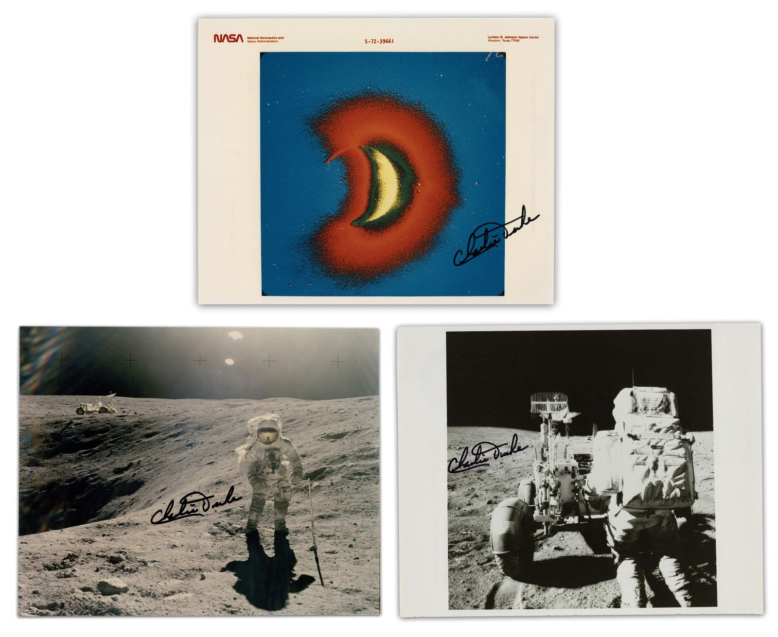 Charlie Duke (3) Signed Photos Incl. Red Number Geocorona Color Enhancement! Pre-Cert Zarelli: Charlie Duke Apollo 16 n.p., n.d. Charlie Duke (3) Signed Photos Incl. Red Number Geocorona Color Enhancement! Pre-Cert Zarelli SPs A group of photographs, all signed by American astronaut Charlie