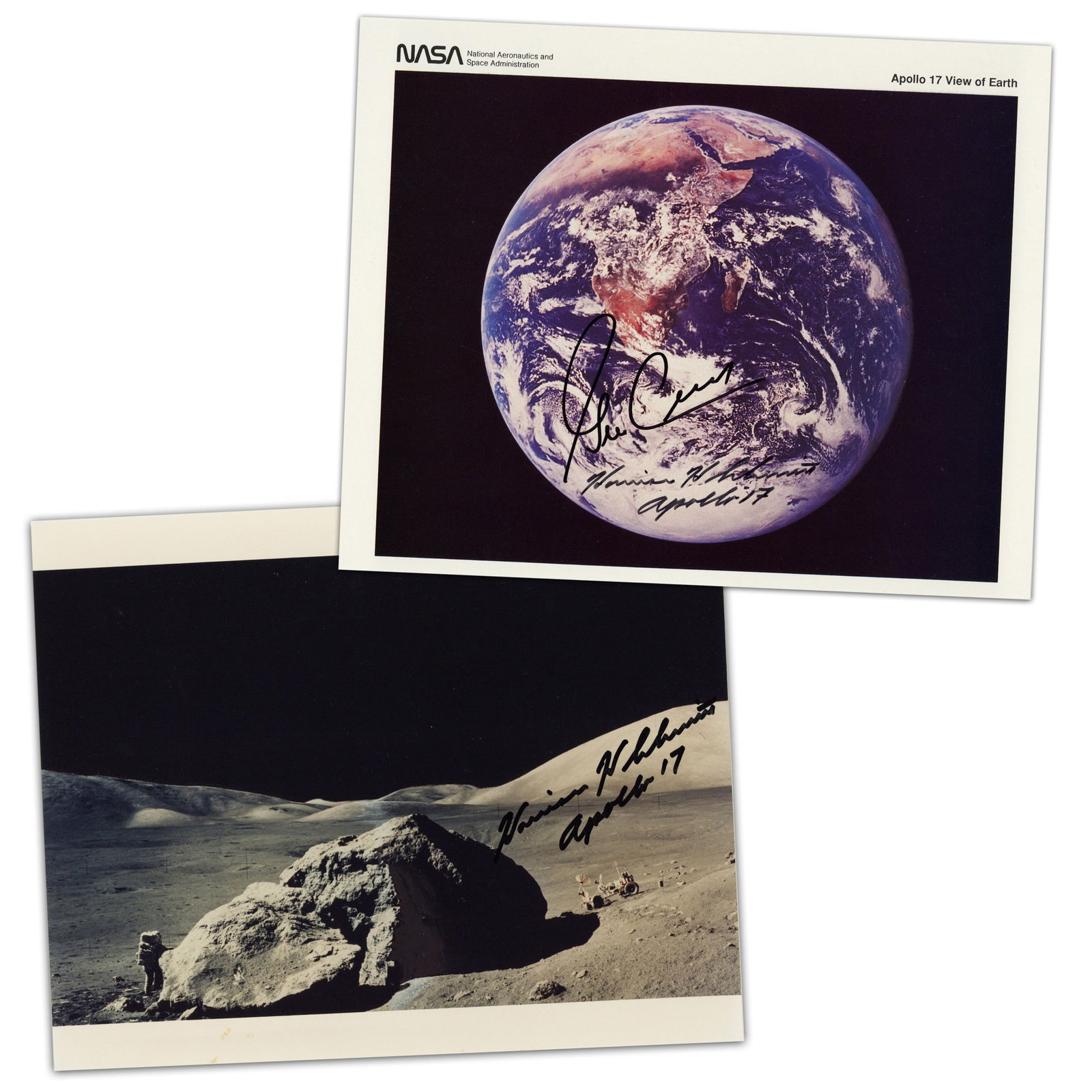 Apollo 17 (2) Photos Signed by Moonwalkers Cernan & Schmitt, Pre-Cert Zarelli: Apollo 17 n.p., n.d. Apollo 17 (2) Photos Signed by Moonwalkers Cernan & Schmitt, Pre-Cert Zarelli SPs Two photographs signed by American astronauts, Apollo 17 crewmates, and Moonwalkers Eugene A.