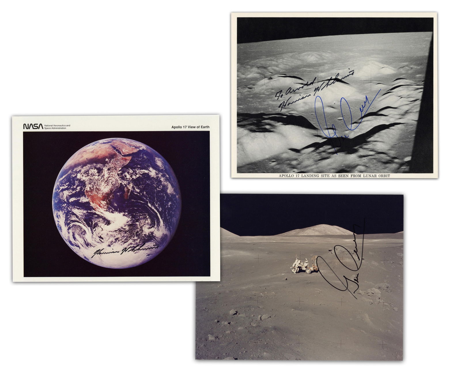 Apollo 17 (3) Photos Signed by Moonwalkers Cernan & Schmitt, Pre-Cert Zarelli: Apollo 17 n.p., n.d. Apollo 17 (3) Photos Signed by Moonwalkers Cernan & Schmitt, Pre-Cert Zarelli SPs A group of photographs signed by American astronauts, Apollo 17 crewmates, and Moonwalkers
