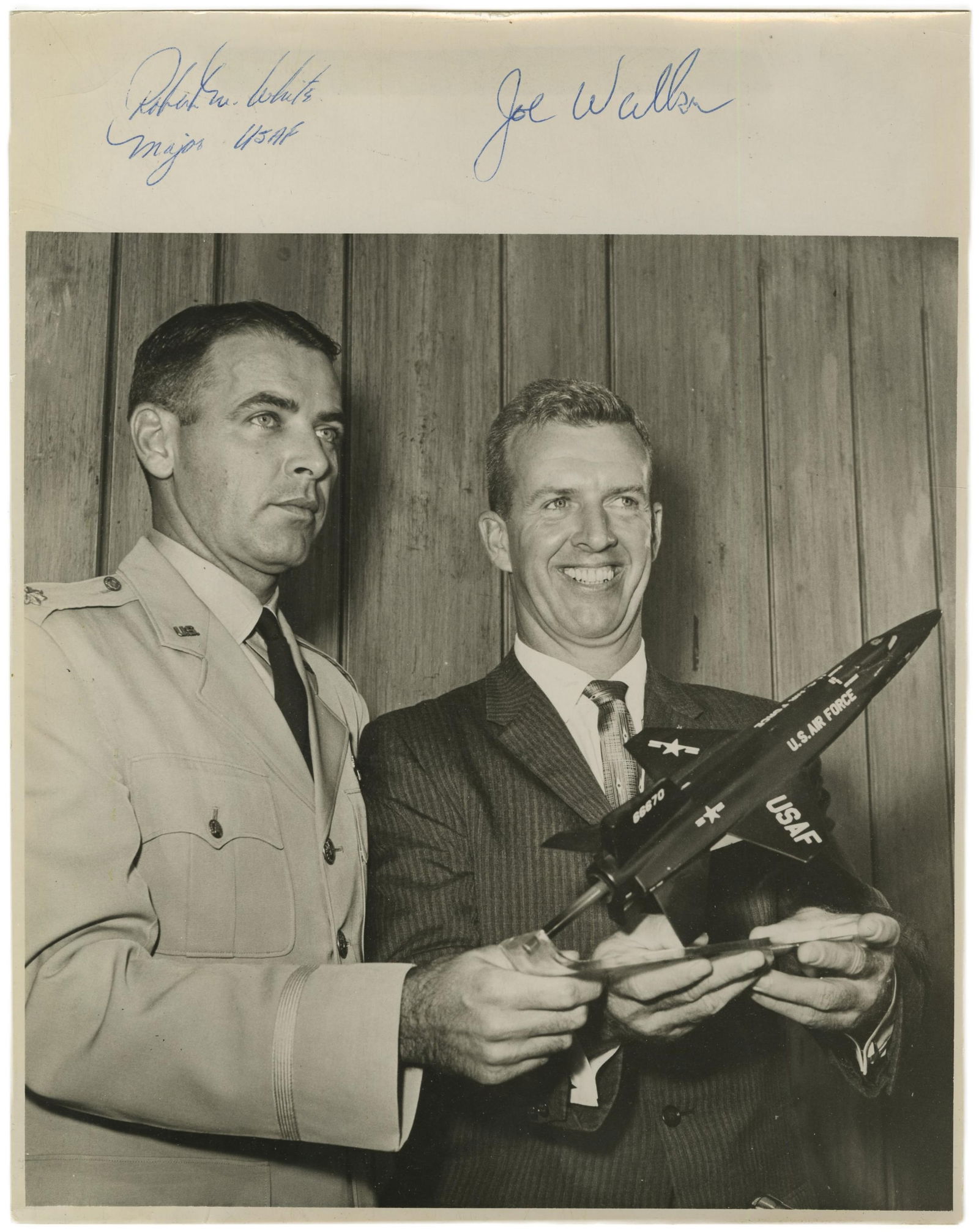 Robert White & Joe Walker Signed Photo Showing a Model of the X-15: X-15n.p., n.d.Robert White & Joe Walker Signed Photo Showing a Model of the X-15Signed photographJoseph Walker (1921-1966) and Robert White (1924-2010). Black and white photograph showing two record-b
