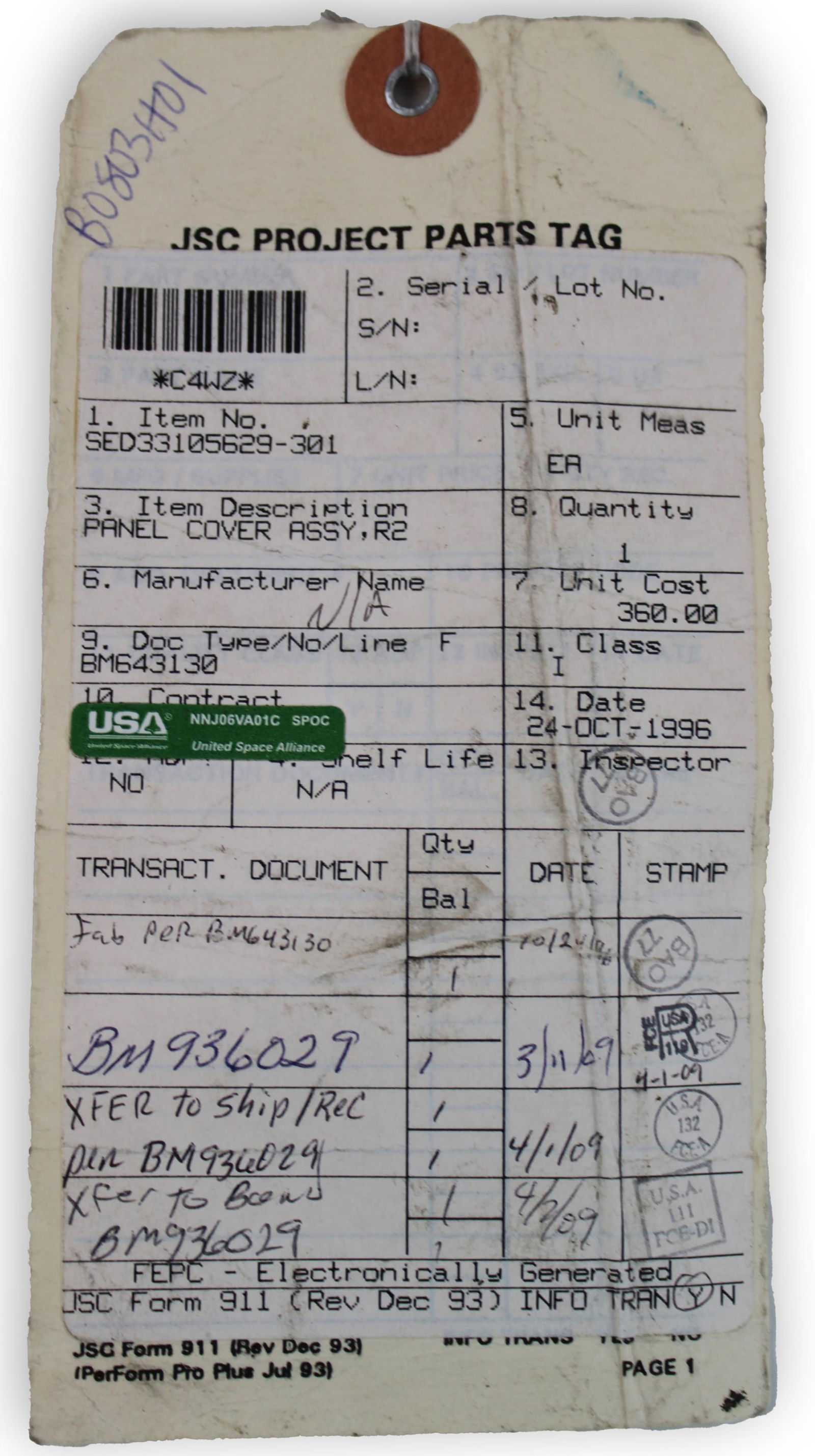 Space Shuttle Panel Cover Assy - Flights Unknown - 5