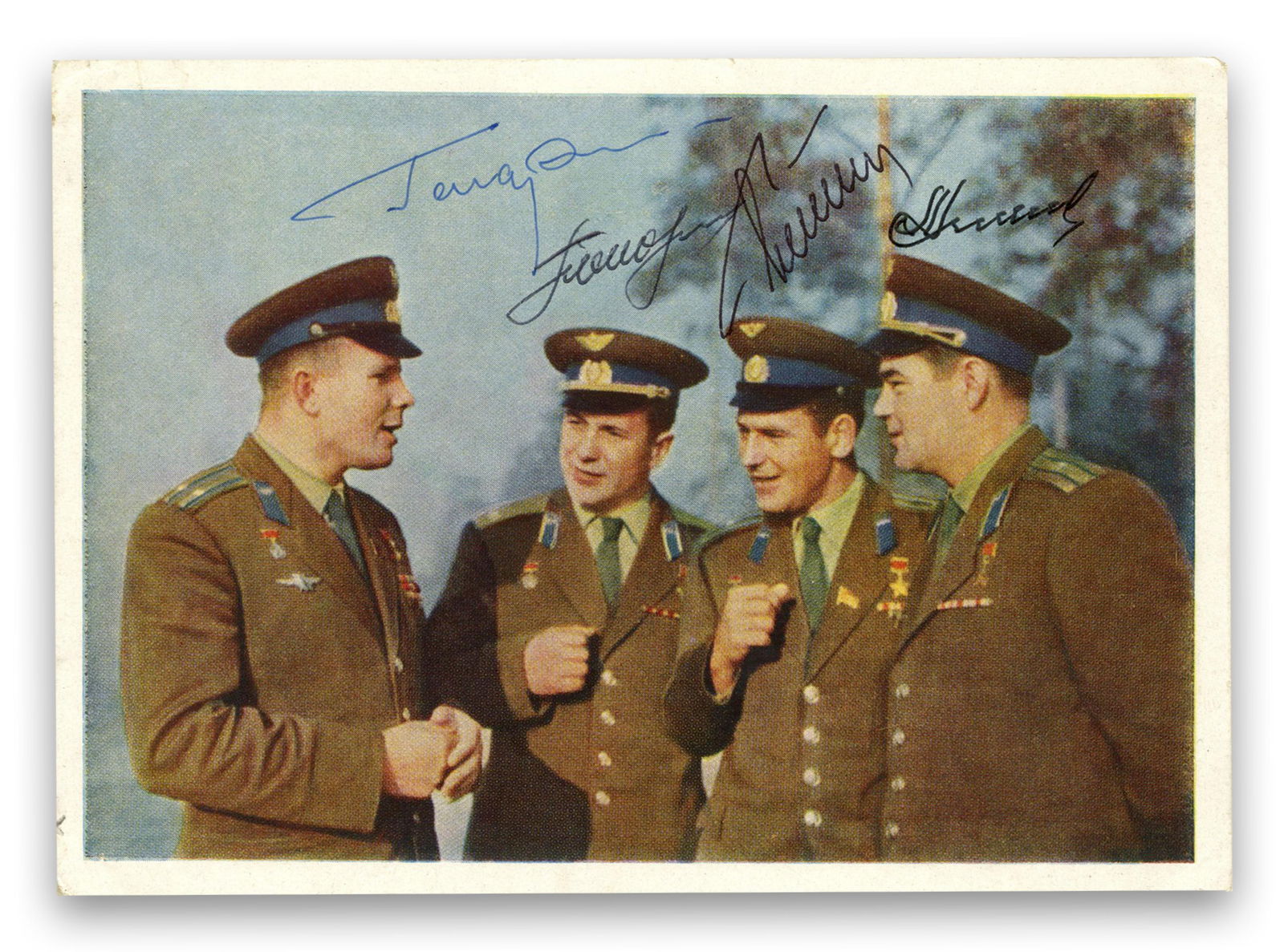 First (4) Cosmonauts Signed Postcard: Gagarin, Titov, Nikolayev, & Popovich! Pre-Cert Zarelli: Soviet Cosmonauts[Soviet Union], ca. 1960sFirst (4) Cosmonauts Signed Postcard: Gagarin, Titov, Nikolayev, & Popovich! Pre-Cert ZarelliSigned cardA vintage Soviet postcard boldly signed by the first f