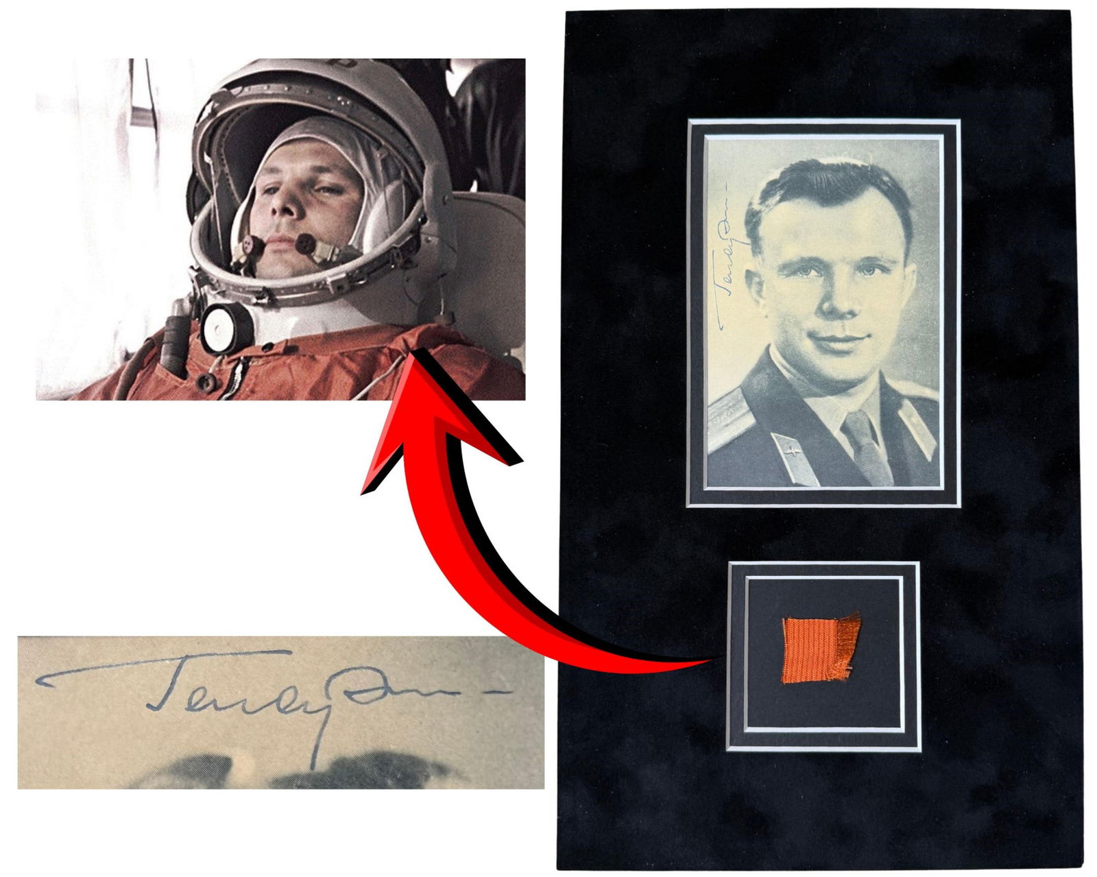 Yuri Gagarin Worn Vostok 1 Spacesuit & Postcard Signed by Gagarin: Yuri Gagarinn.p., n.d.Yuri Gagarin Worn Vostok 1 Spacesuit & Postcard Signed by GagarinRelicFascinating display featuring a black-and-white portrait photograph of Yuri Gagarin, boldly signed by Gagari