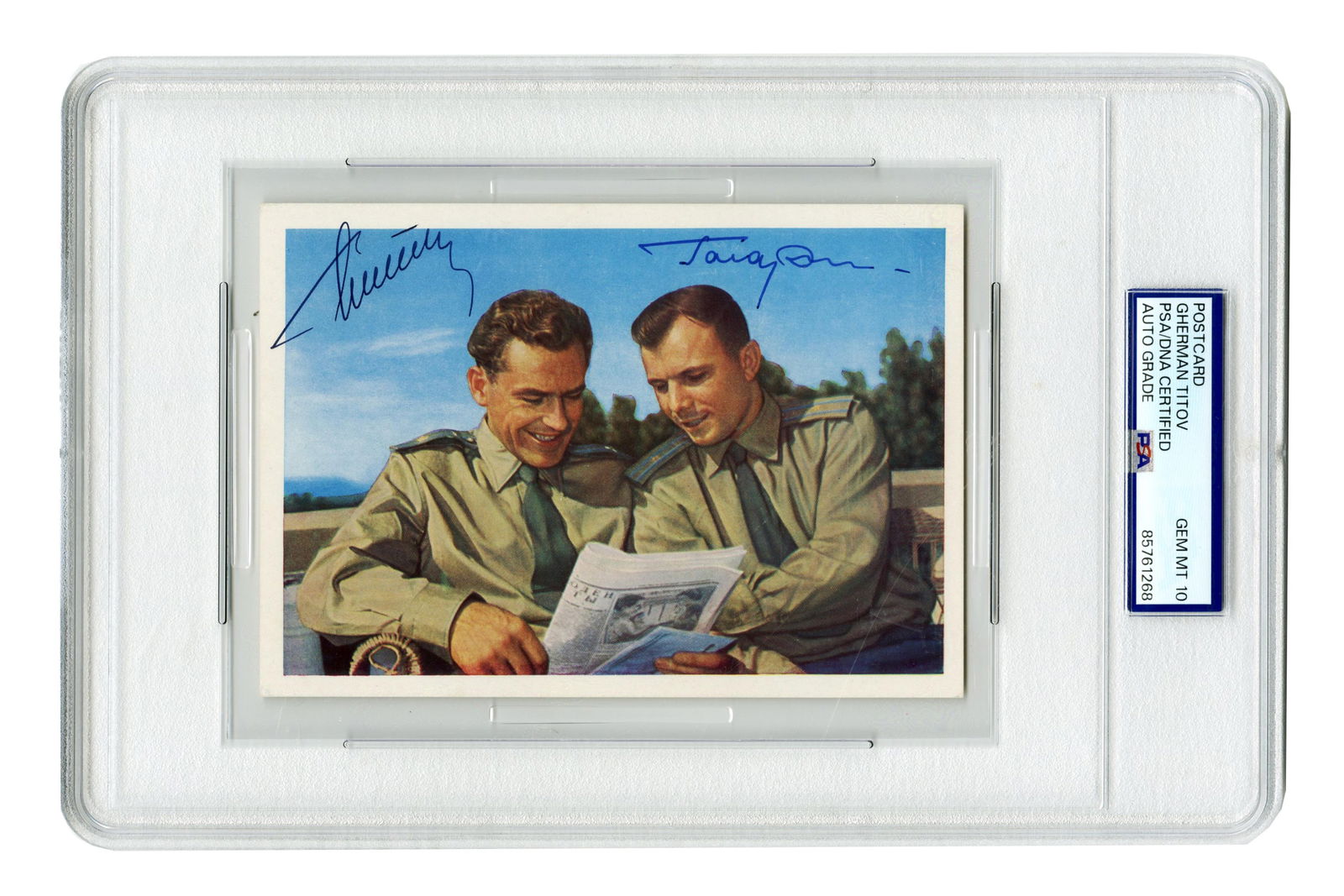 Yuri Gagarin & Gherman Titov PSA GEM MT 10 Signed Postcard!: Soviet Cosmonauts[Soviet Union], ca. 1961Yuri Gagarin & Gherman Titov PSA GEM MT 10 Signed Postcard!Signed cardA vintage Soviet postcard boldly signed by pioneering cosmonauts Yuri Gagarin (1934-1968)